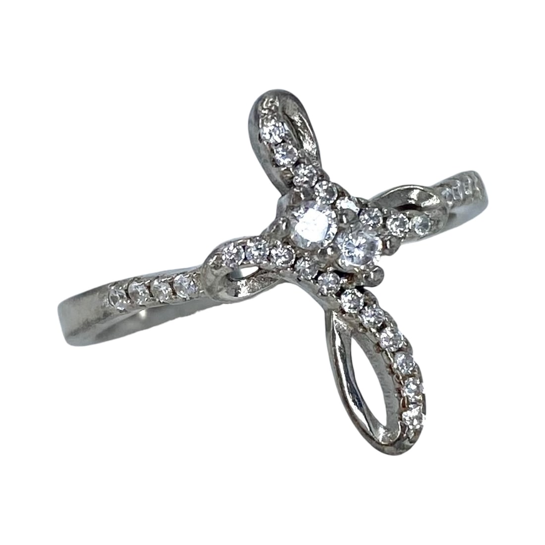 Signed Sterling Rhinestone Cross Dainty Ring 2.2g sz 6.75 (1 of 5)