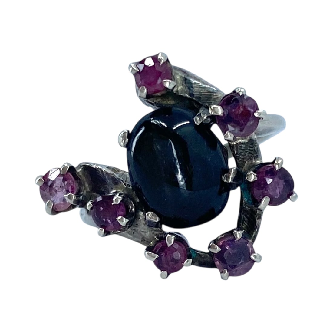 Sterling Black Star Diopside and Ruby Unique Ring 5g sz 6: Sterling Black Star Diopside and Ruby Unique Ring 5g sz 6