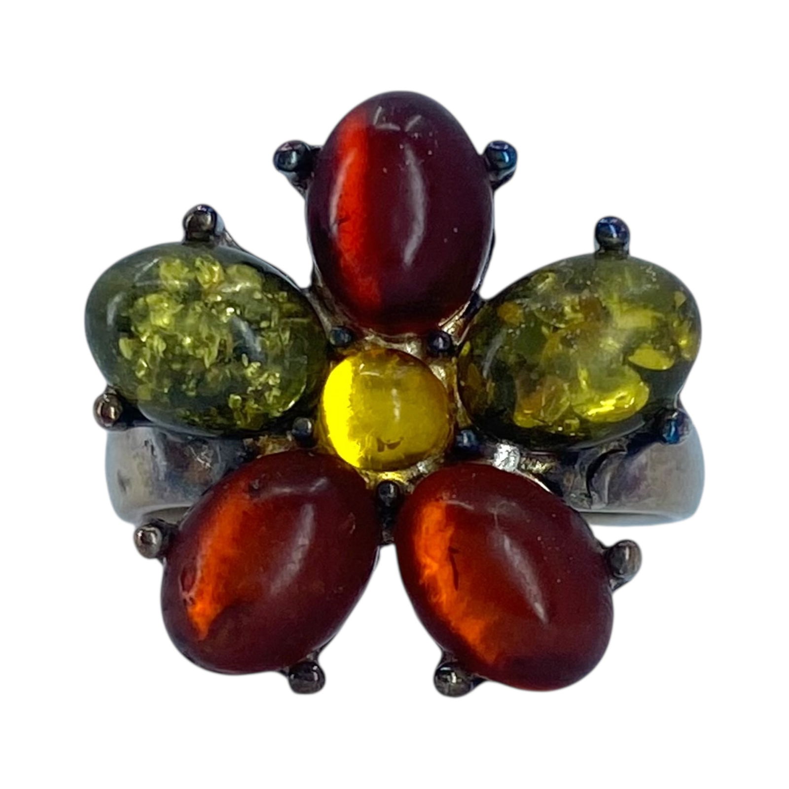 Sterling Multicolor Amber Flower Ring 5.42g Sz 8 (1 of 5)