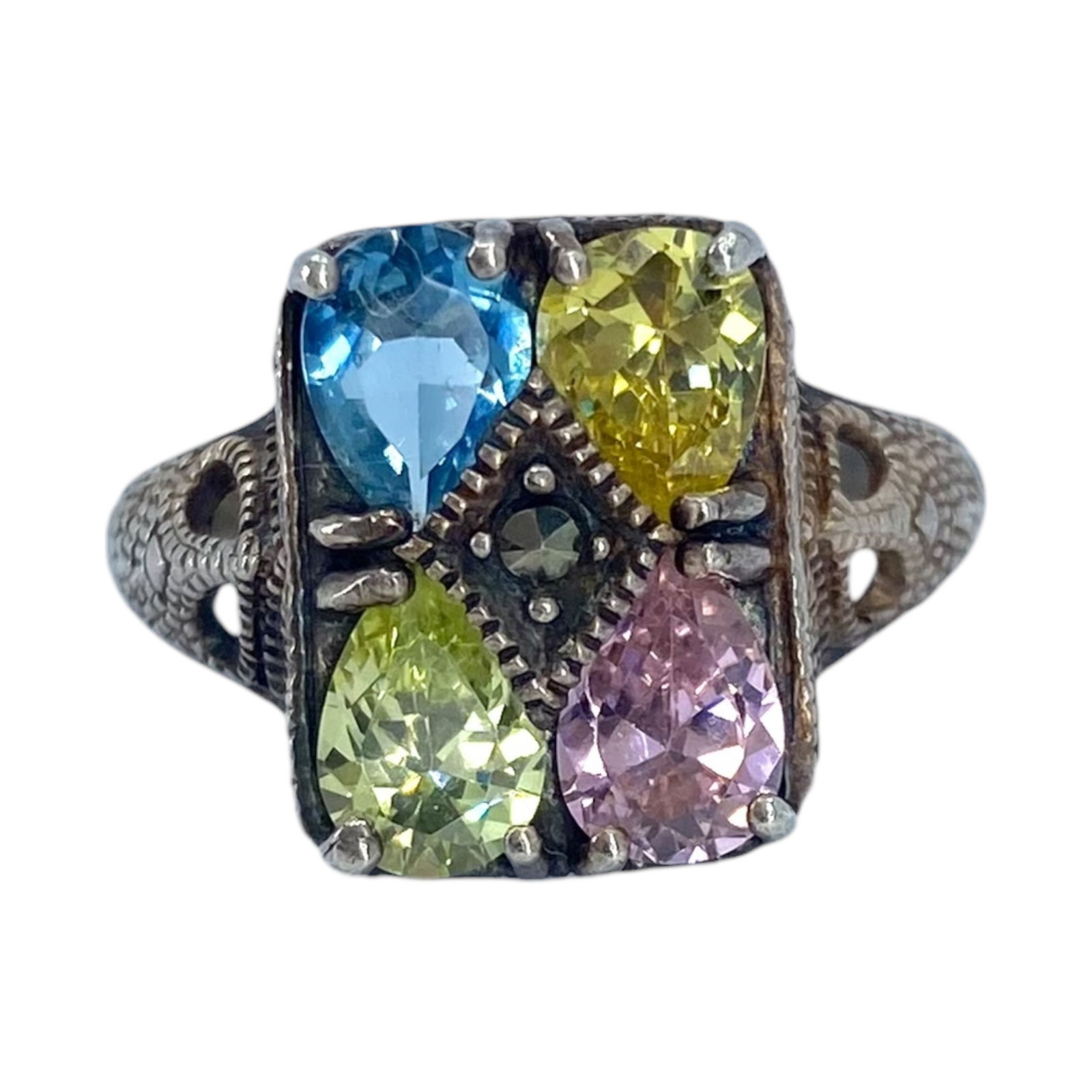 Sterling Multistone Pear Cut Vintage Ring 6.3g sz 7.5 (1 of 6)