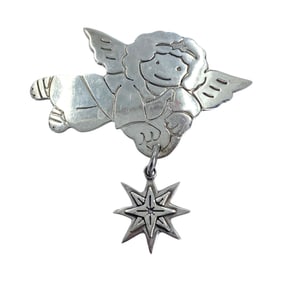 Signed Sterling Angel and Star Brooch 12.2g