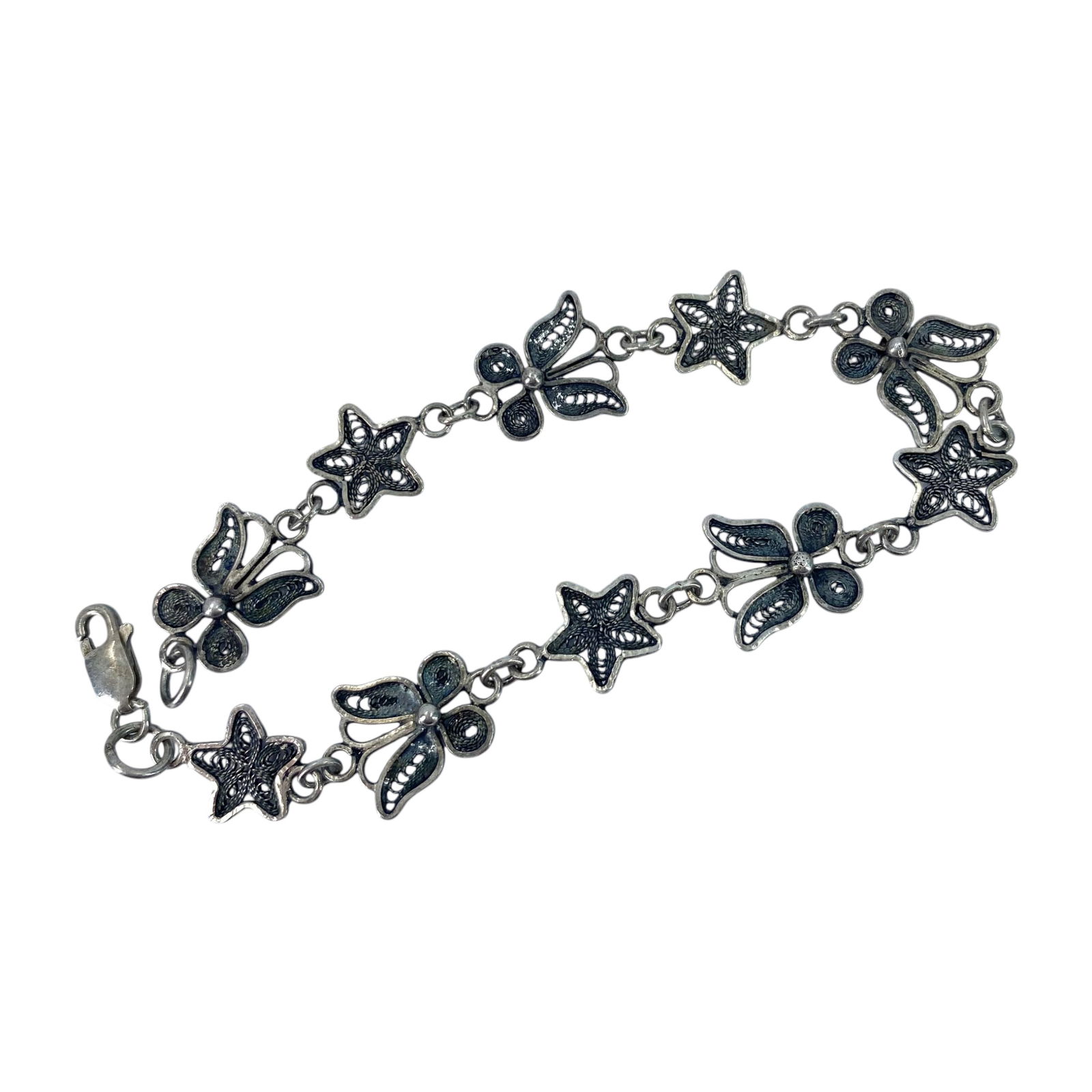 Sterling Butterfly Star Link Filigree Bracelet 7g: Sterling Butterfly Star Link Filigree Bracelet 7g 7.5in Engraved 925