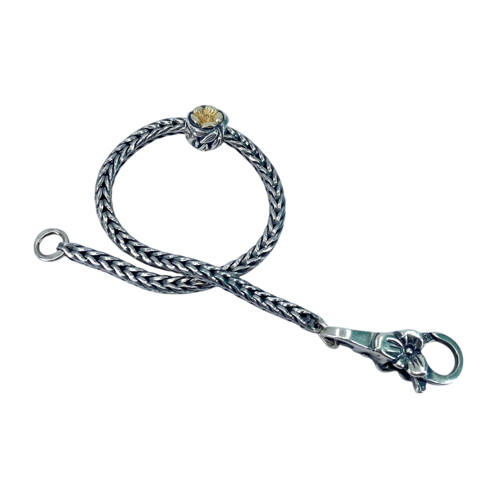 Signed Sterling Byzantine with Floral Charm Bracelet 12.2g: Signed Sterling Byzantine with Floral Charm Bracelet 12.2g Engraved 925 LA BMI