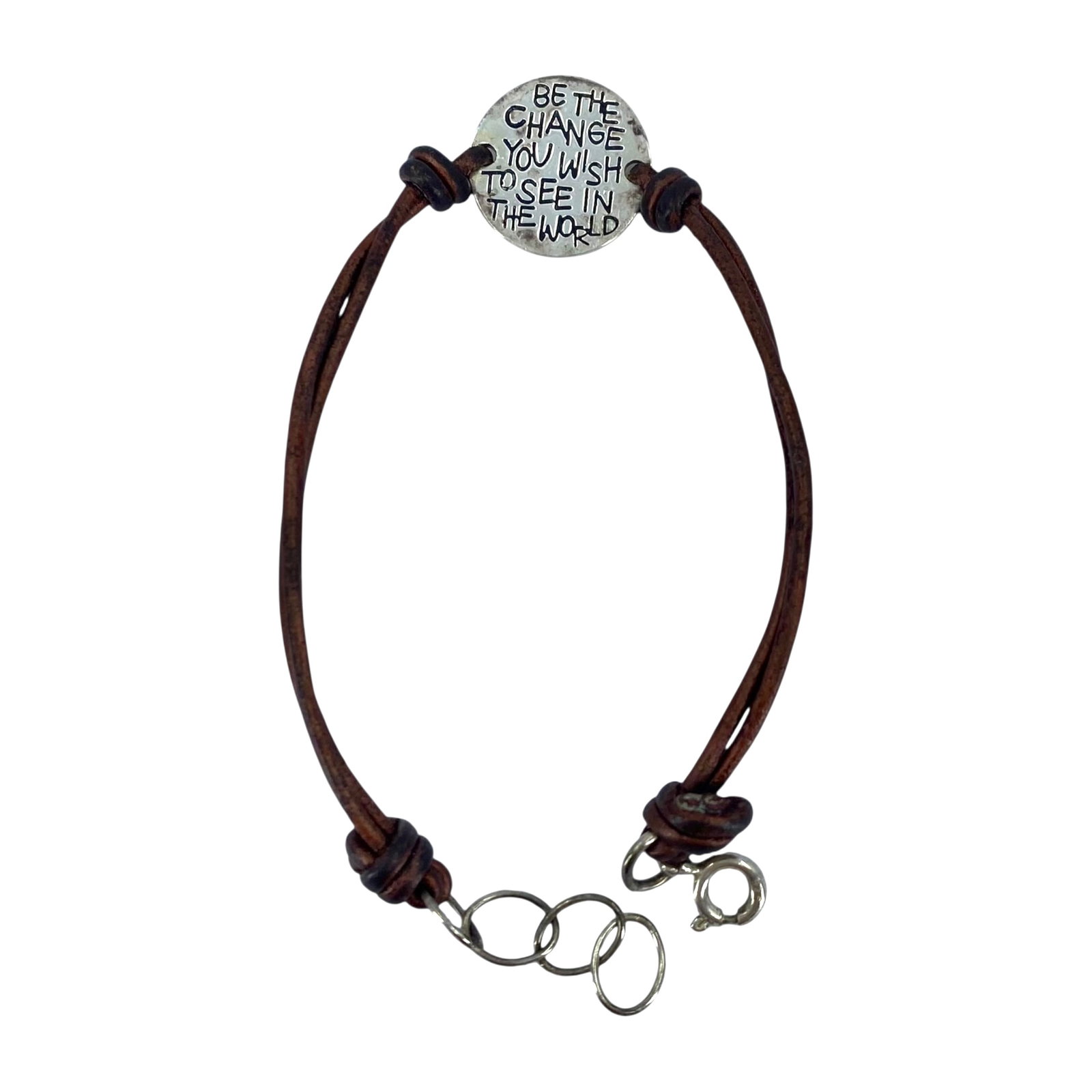 Sterling and Leather Cord Signed Be The Change Bracelet 3.49g (1 of 5)