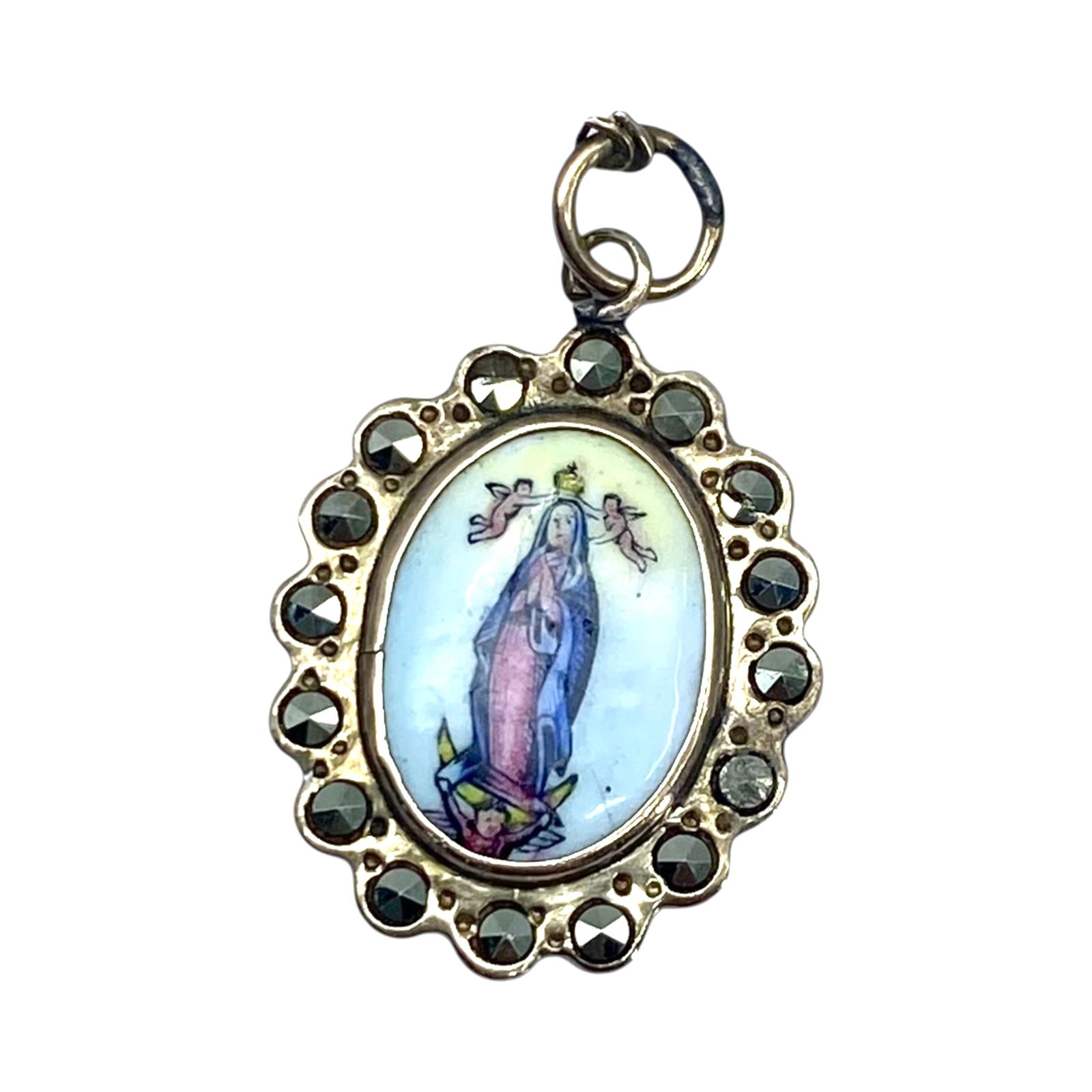 Sterling Marcasite Painted Our Lady of Lourdes Medal Charm 1.2g: Sterling Marcasite Painted Our Lady of Lourdes Medal Charm 1.2g Broken Chain