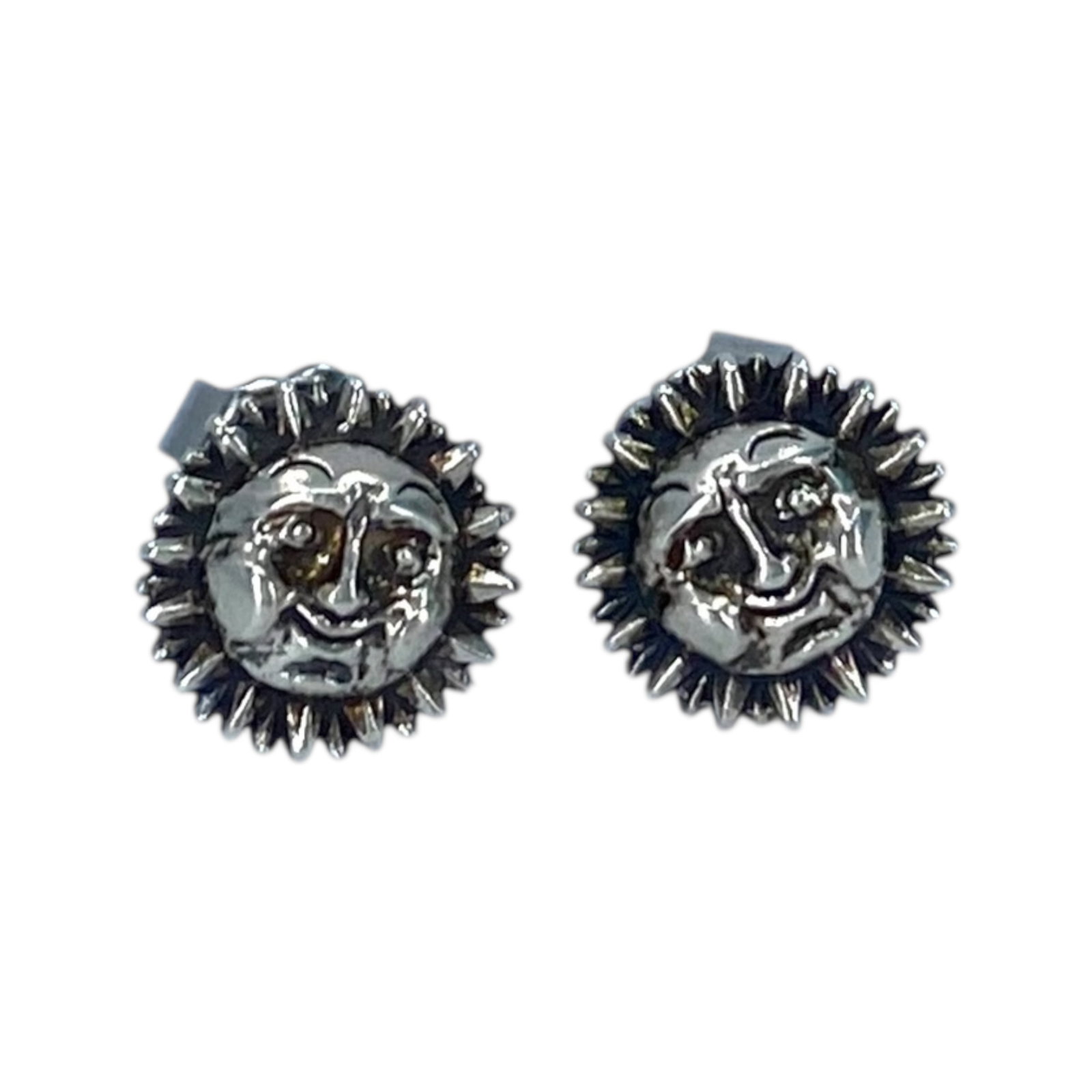 Signed Mexico Sterling Sun Face Stud Earrings 1.3g: Signed Mexico Sterling Sun Face Stud Earrings 1.3g, engraved Ster w/ polka dot flower and MX