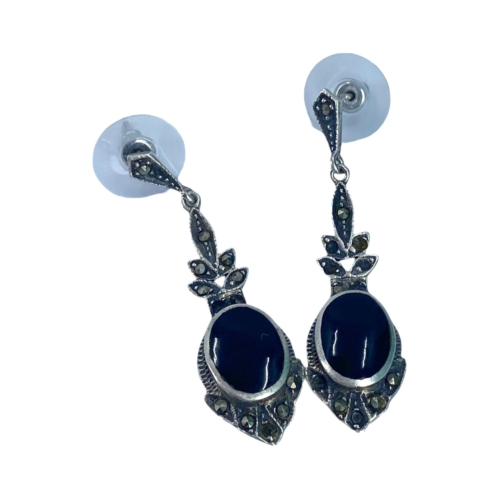 Sterling Multi Stone Vintage Drop Earrings 6g: Sterling Marcasite and Black Onyx Vintage Drop Earrings 6g Engraved 925 Missing Stones
