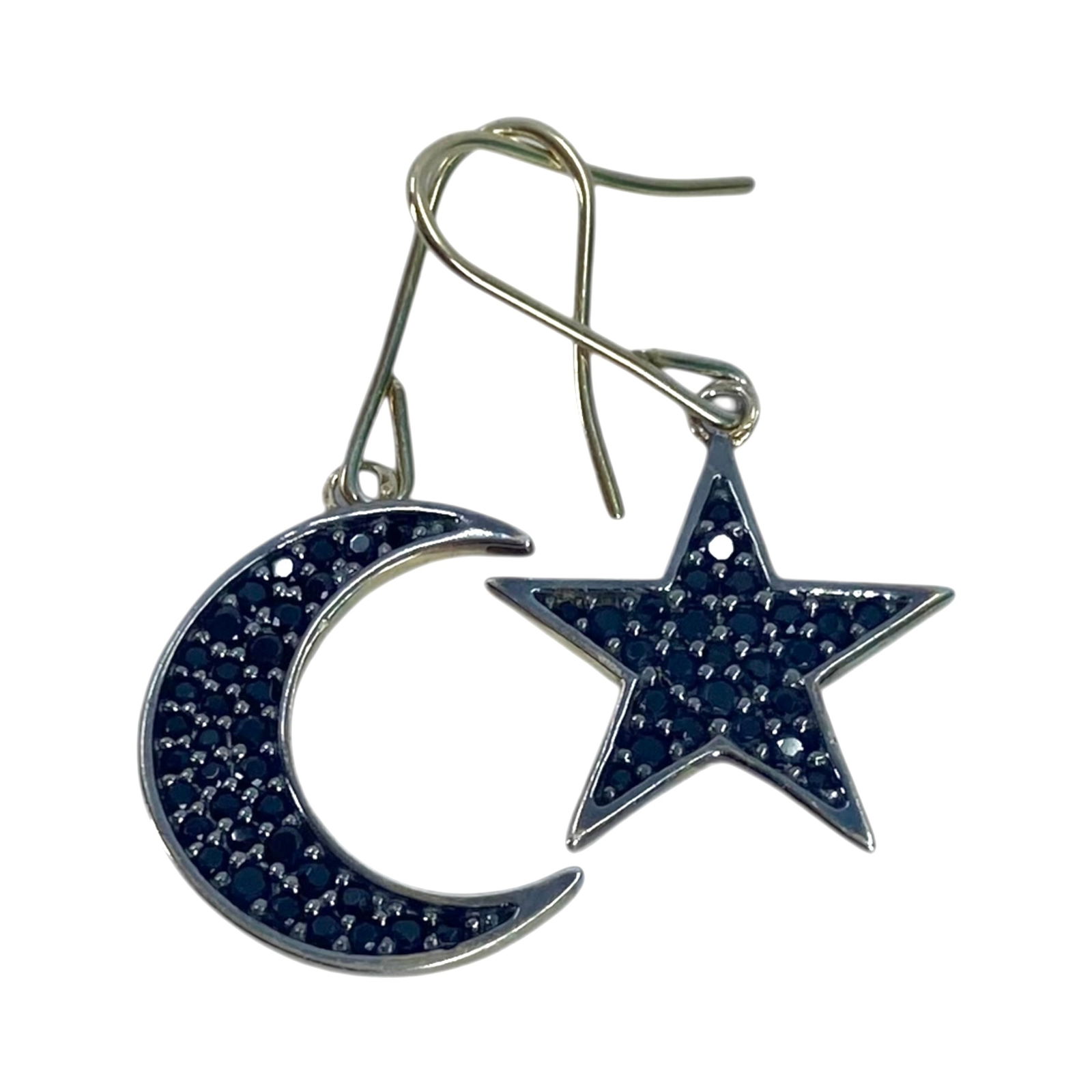 Sterling Mismatched Star Moon Black Rhinestone Earrings 2g: Sterling Mismatched Star Moon Black Rhinestone Earrings 2g
