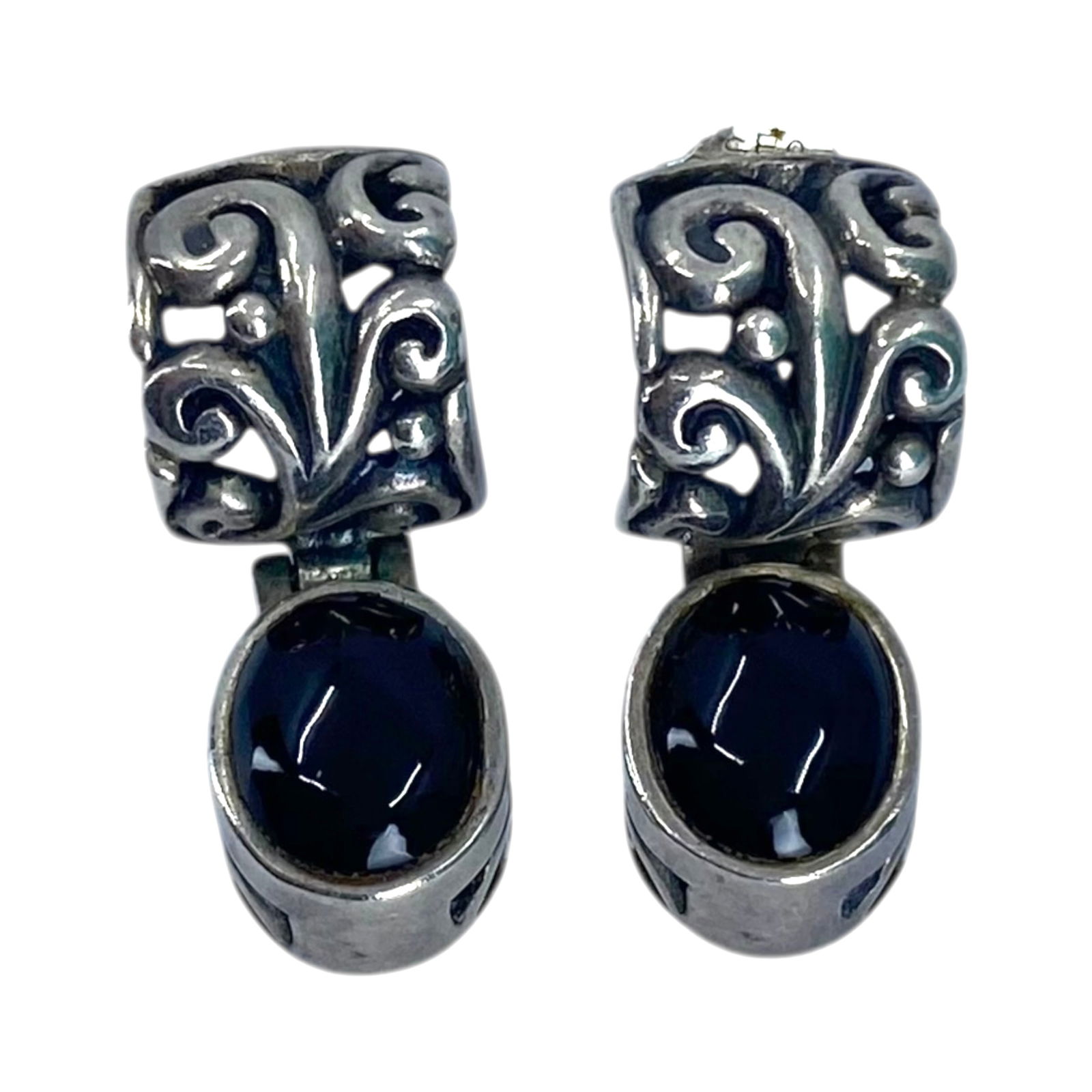 Signed Sterling Black Onyx Scroll Drop Earrings 7g: Signed Sterling Black Onyx Scroll Drop Earrings 7g Engraved Copyright SE 925