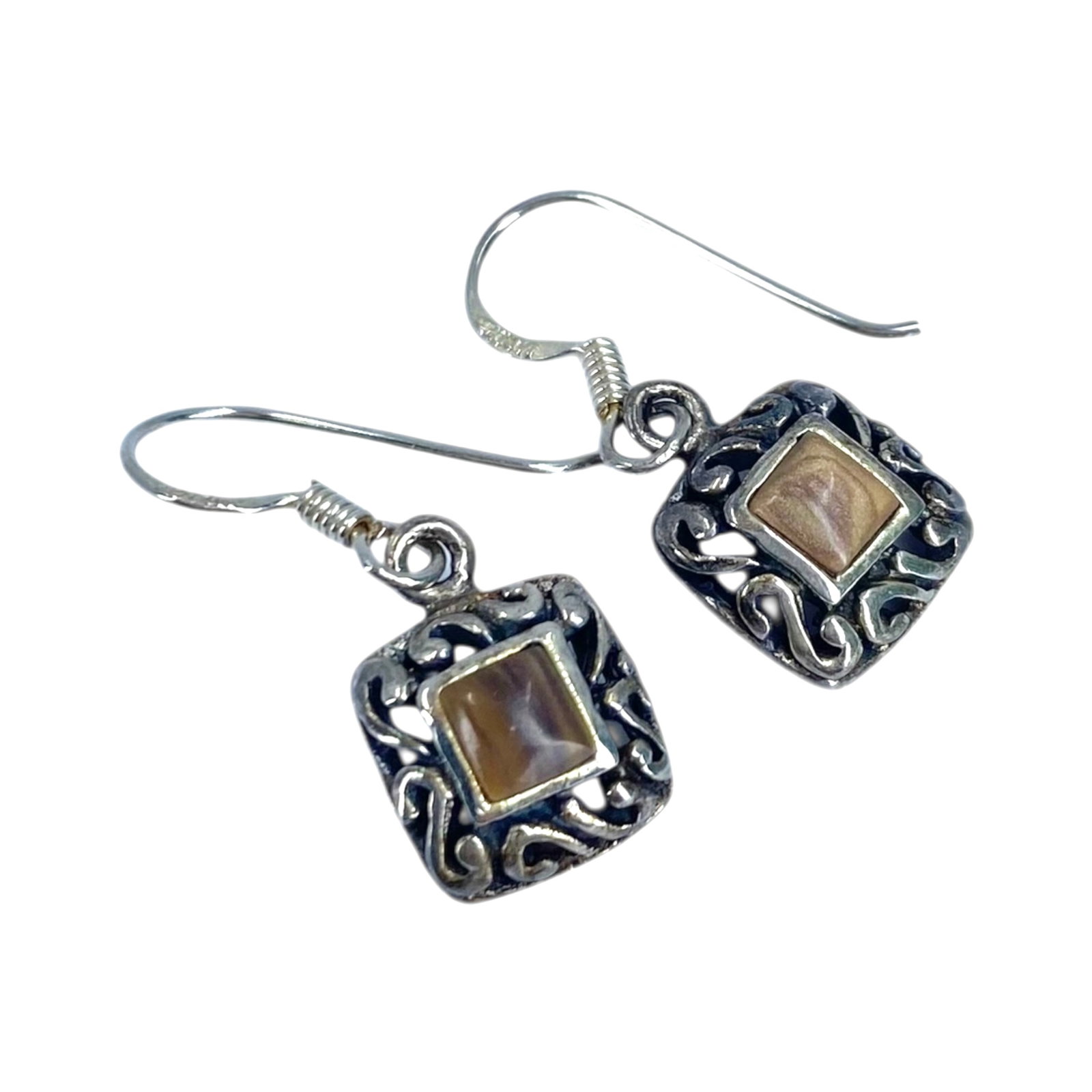 Signed Sterling Tigers Eye Square Scroll Earrings 3g: Signed Sterling Tigers Eye Square Scroll Earrings 3g Engraved CW 925