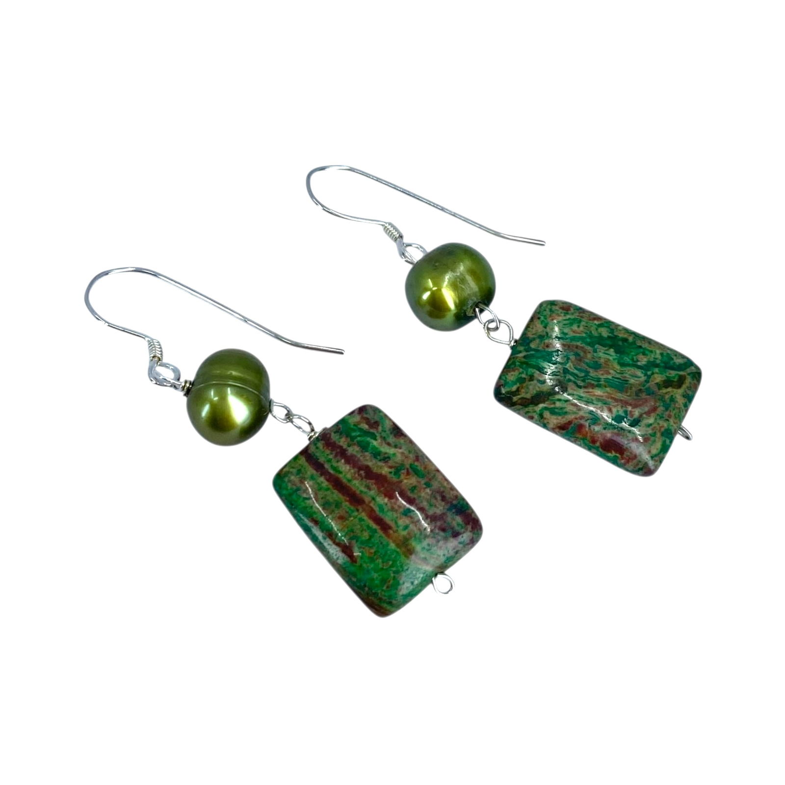 Sterling Green Jasper and Pearl Earrings 5.1g (1 of 4)