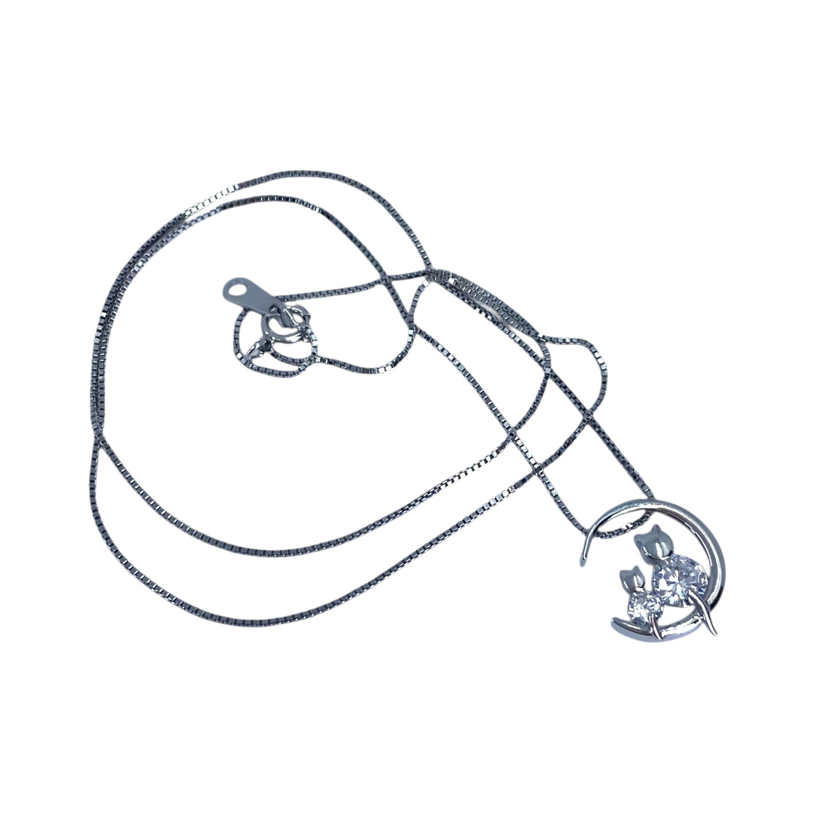 Sterling 16in Box Chain Rhinestone Cat Necklace 2.2g: Sterling 16in Box Chain Rhinestone Cat Necklace 2.2g Engraved S925