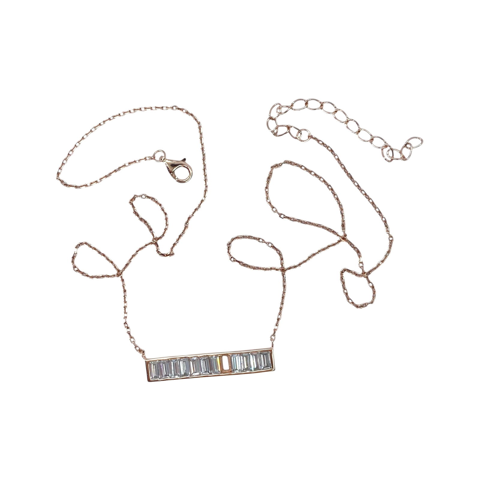 Rose Gold Over Sterling 18in Baguette Rhinestone Bar Necklace 2.5g: Rose Gold Over Sterling 18in Baguette Rhinestone Bar Necklace 2.5g Engraved N 925 China, Stone Missing