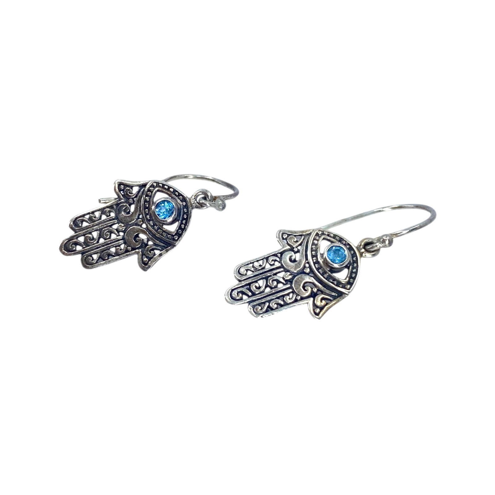 Signed Sterling Blue Topaz Hamsa Evil Eye Earrings 3.2g: Signed Sterling Blue Topaz Hamsa Evil Eye Earrings 3.2g Engraved ATI 925 ID