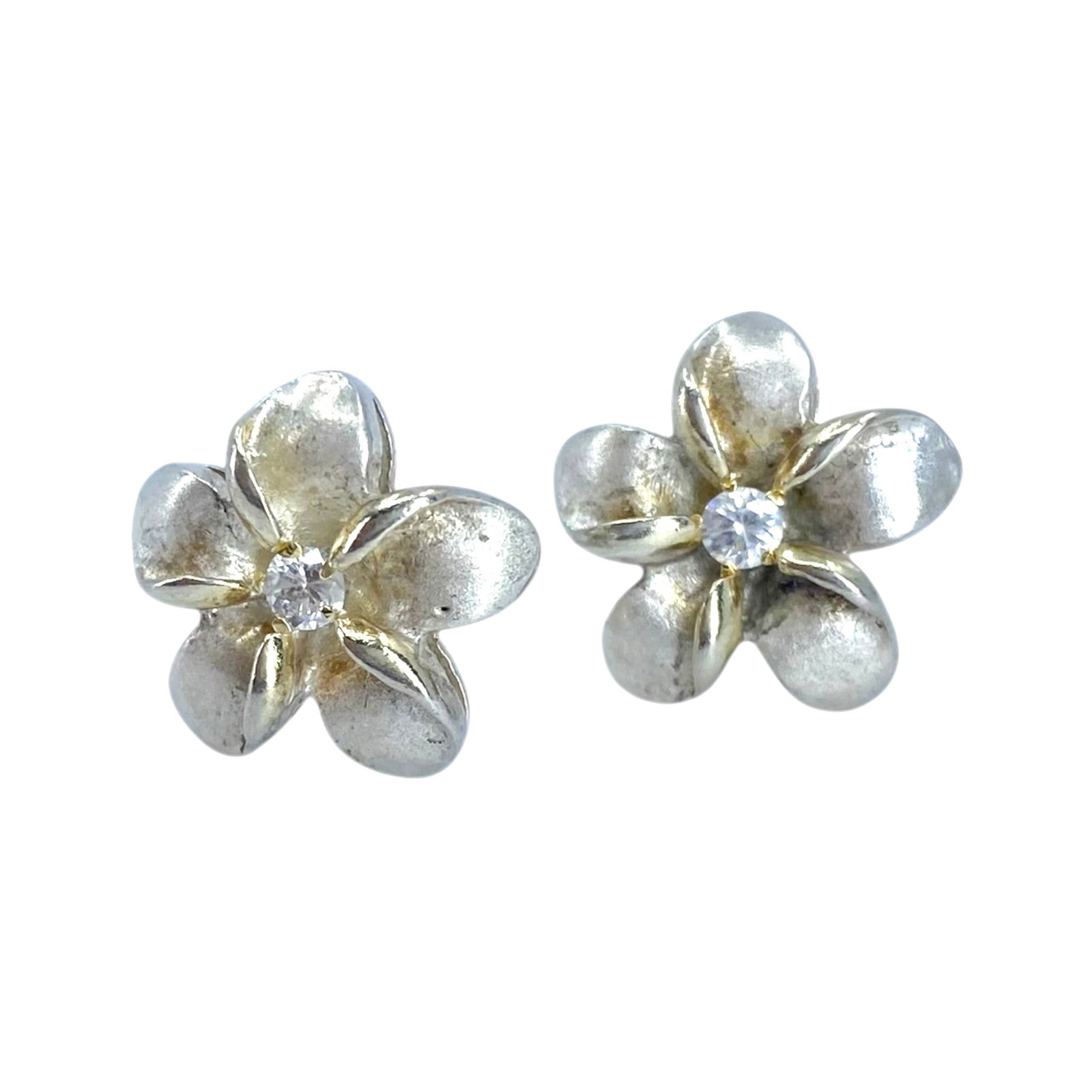 Sterling Rhinestone Plumeria Flower Stud Earrings 6g (1 of 4)