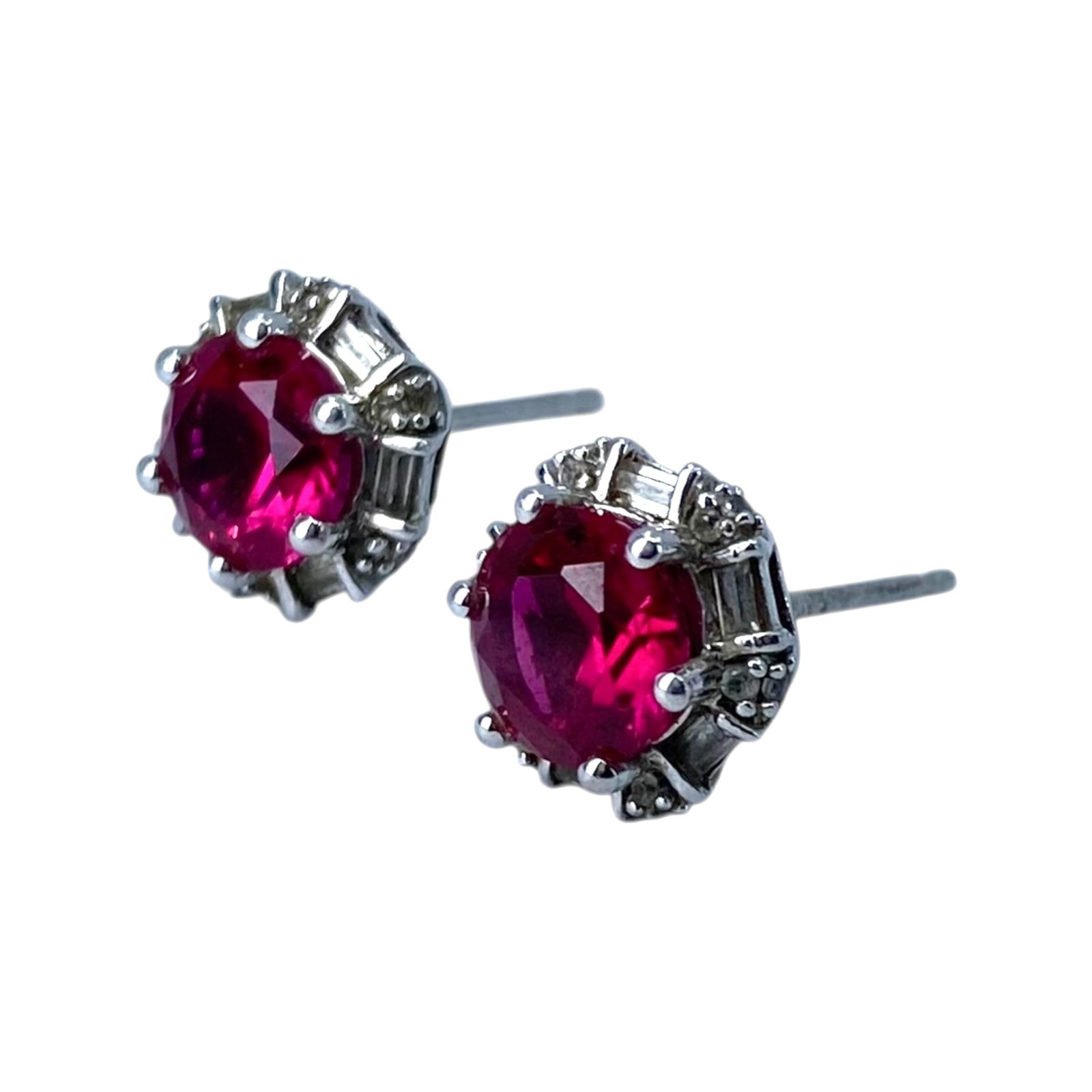 Signed Sterling Round Ruby Stud Earrings 2g: Signed Sterling Round Ruby and Colorless Topaz Halo Stud Earrings 2g Engraved RL IN 925