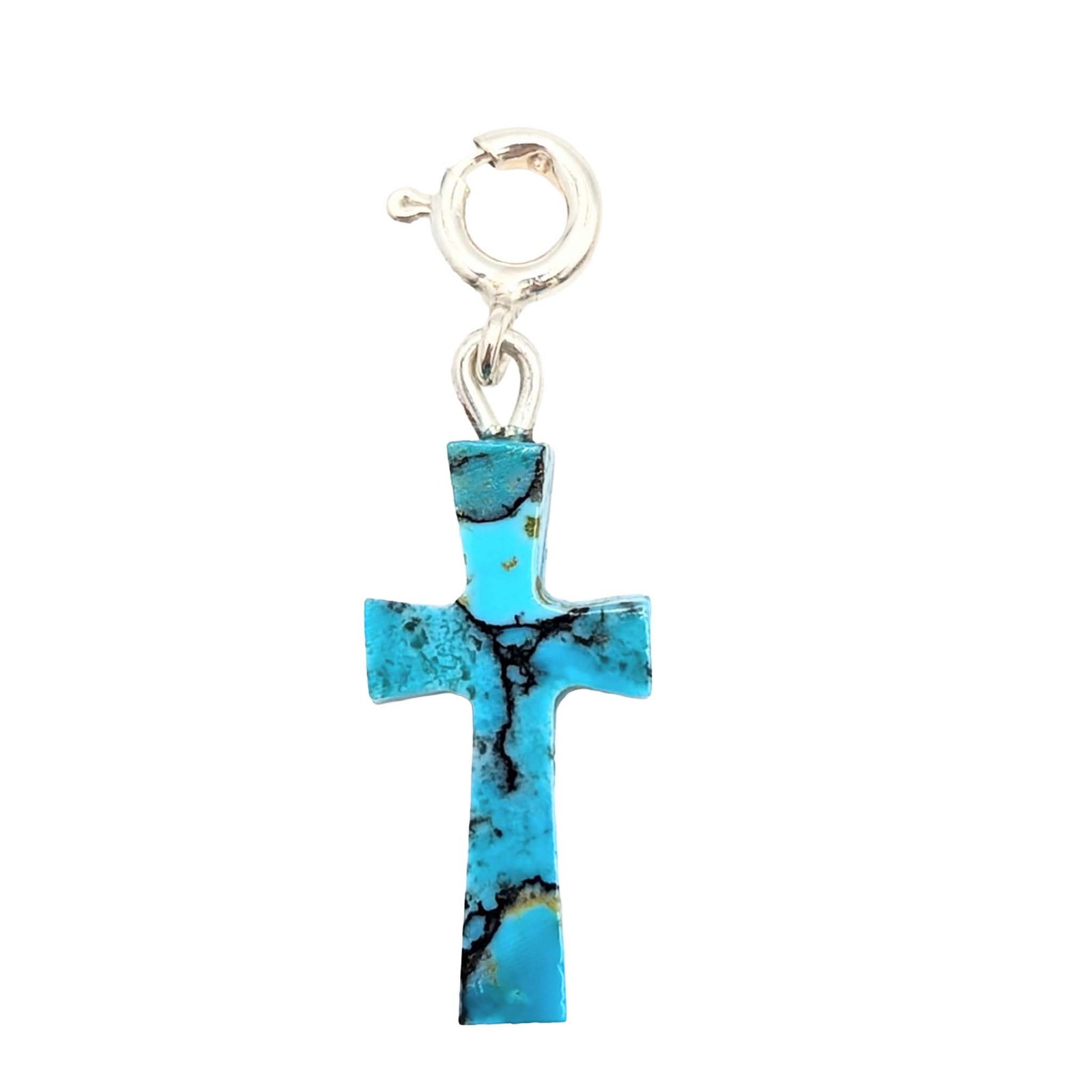Native Hand Carved Ice Blue Dhalia Turquoise Sterling Silver Cross Charm: Native Hand Carved Ice Blue Dhalia Sterling Silver Cross Charm .8g