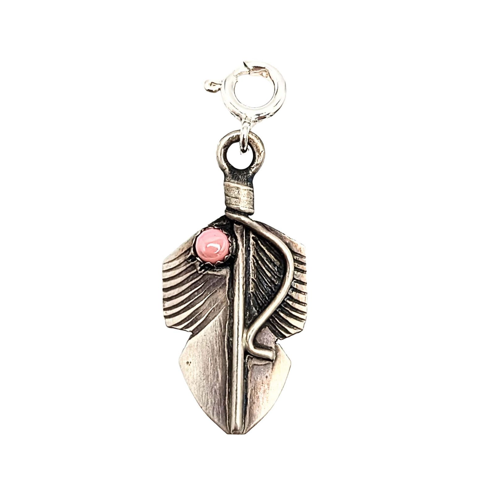 Chris Charley Sterling Silver Coral Feather Charm: Chris Charley Sterling Silver Pink Coral Feather Charm. Signed: C.C. Sterling. Measures: 1.3cm x 3.5cm. TW: 1.7g