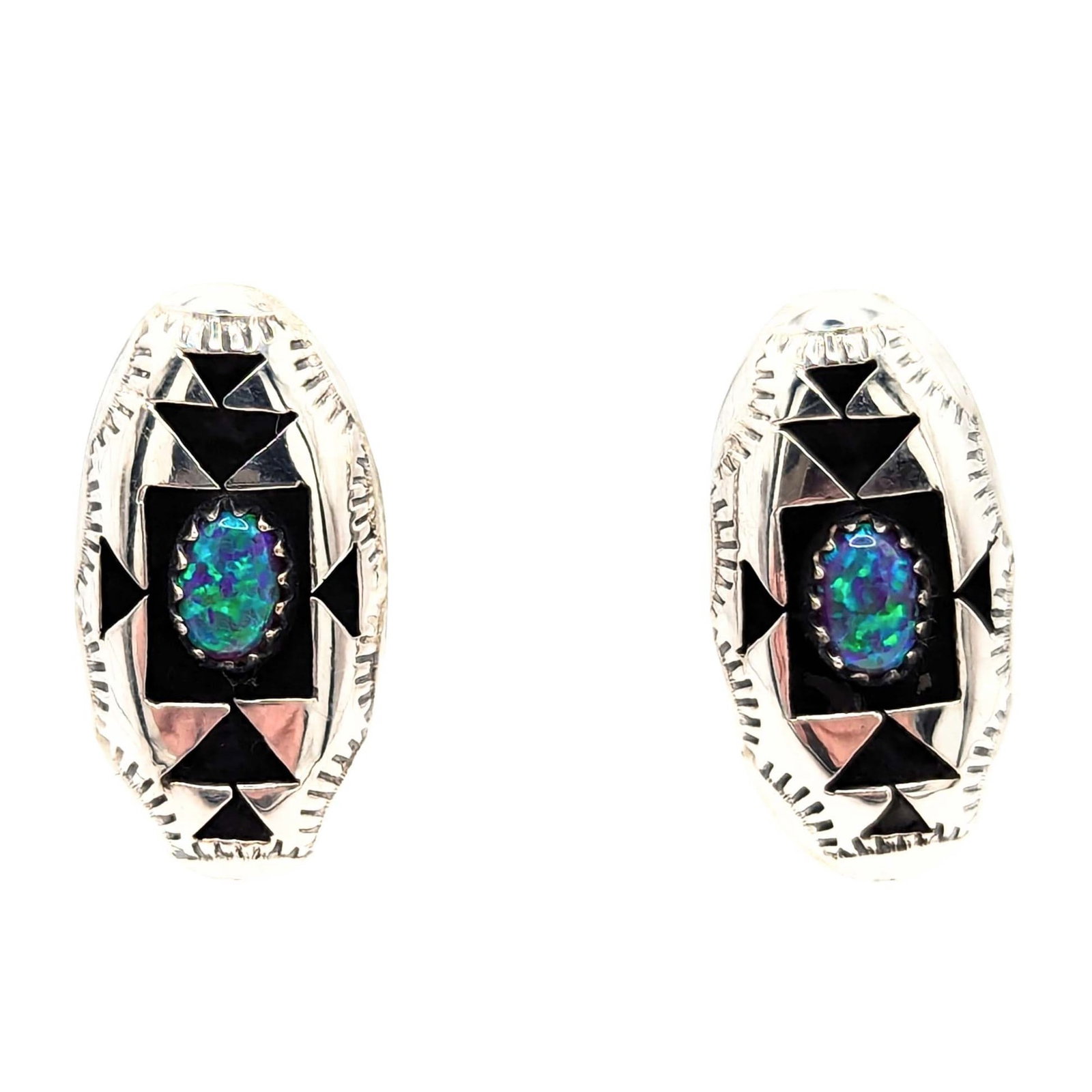 Felix Perry Navajo Sterling Silver Opal Hollowform Inset Stud Earrings: Felix Perry Navajo Sterling Silver Opal Hollowform Inset Stud Earrings Signed P Sterling 3.2g