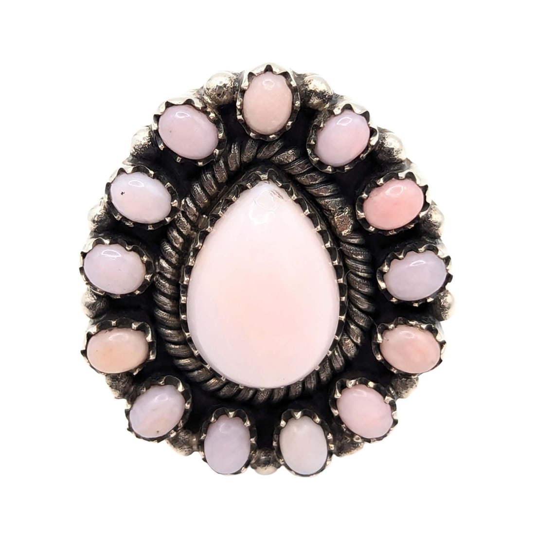Southwest Sterling Silver Pink Opal Teardrop Cluster Ring: Southwest Sterling Silver Pink Opal Teardrop Cluster Stone Ring Signed Hada Sterling Approx Size 7 Adjustable 15.2g