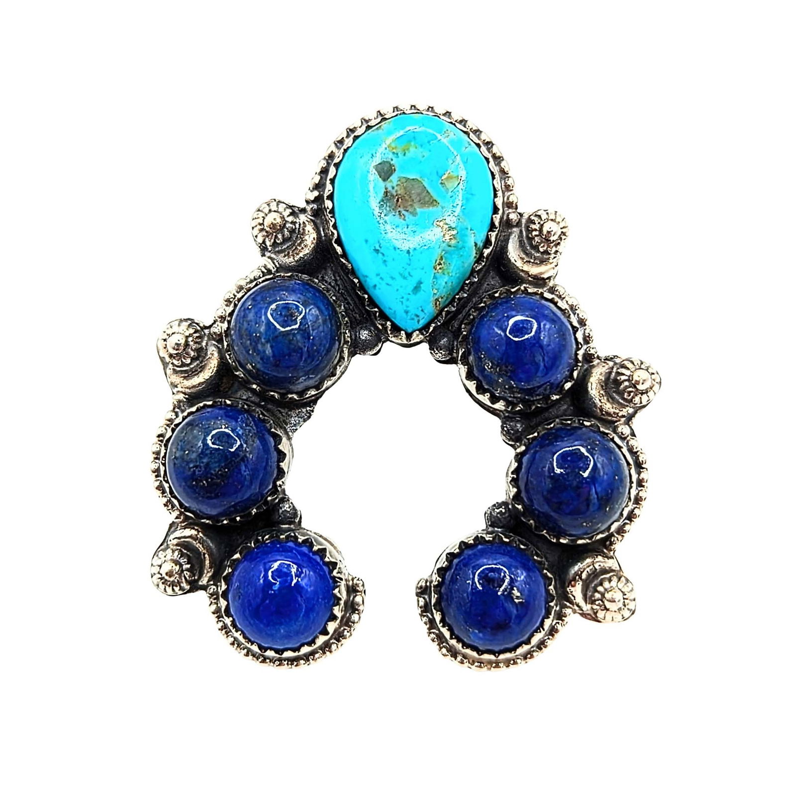 Southwest Sterling Silver Multi Gemstone Horseshoe Ring: Southwest Sterling Silver Lapis Turquoise Horseshoe Ring Approx Size 7 Adjustable Signed Hada Sterling 20.5g