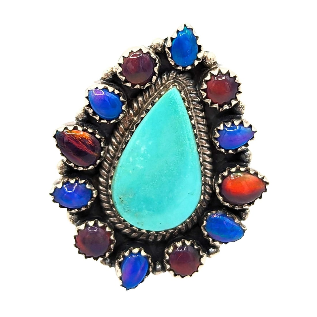 Southwest Sterling Silver Multi Gemstone Teardrop Cluster Ring (1 of 5)
