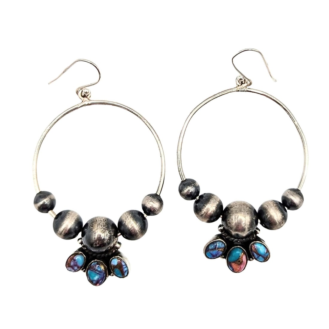 Southwest Sterling Silver Pink Dream Dhalia Turquoise Beaded Hoop Earrings: Southwest Sterling Silver Pink Dream Dhalia Turquoise Beaded Dangle Hoop Earrings Signe .925 Hada Sterling 13.7g