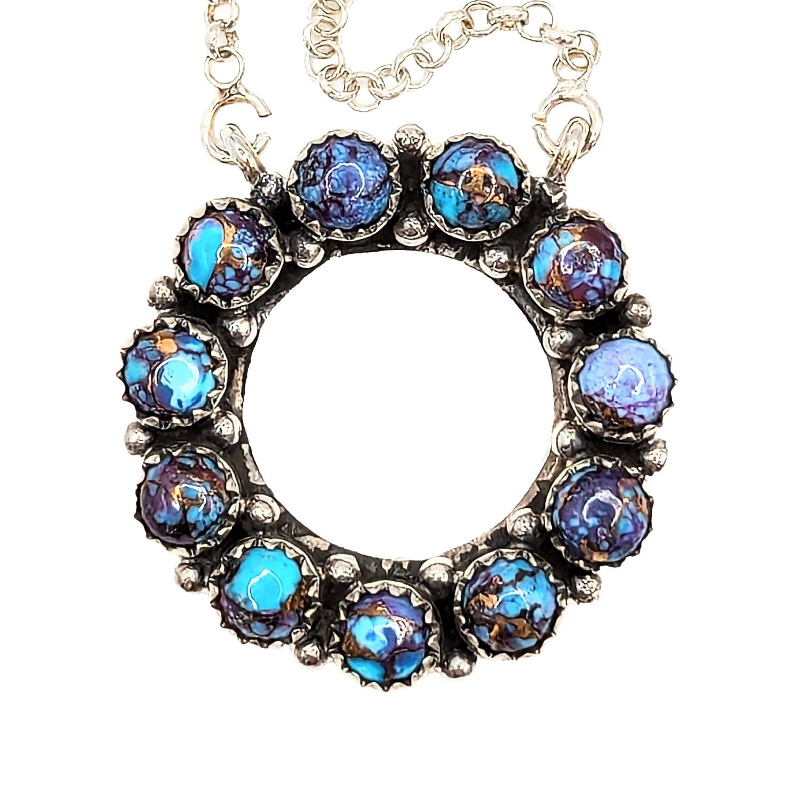 Southwest Sterling Silver Purple Mojave Turquoise Circle Necklace: Southwest Sterling Silver Purple Mojave Turquoise Multi Stone Circle Pendant Signed Hada Sterling 18-20in Length Adjustable 15.1g