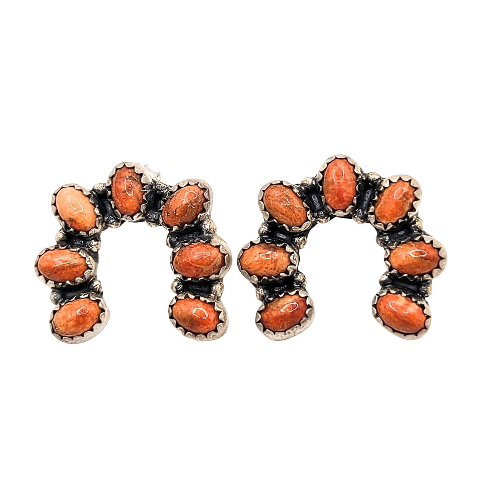 Southwest Sterling Silver Apple Coral Horseshoe Stud Earrings: Southwest Sterling Silver Apple Coral Horseshoe Stud Earrings Signed Hada Sterling 8.5g