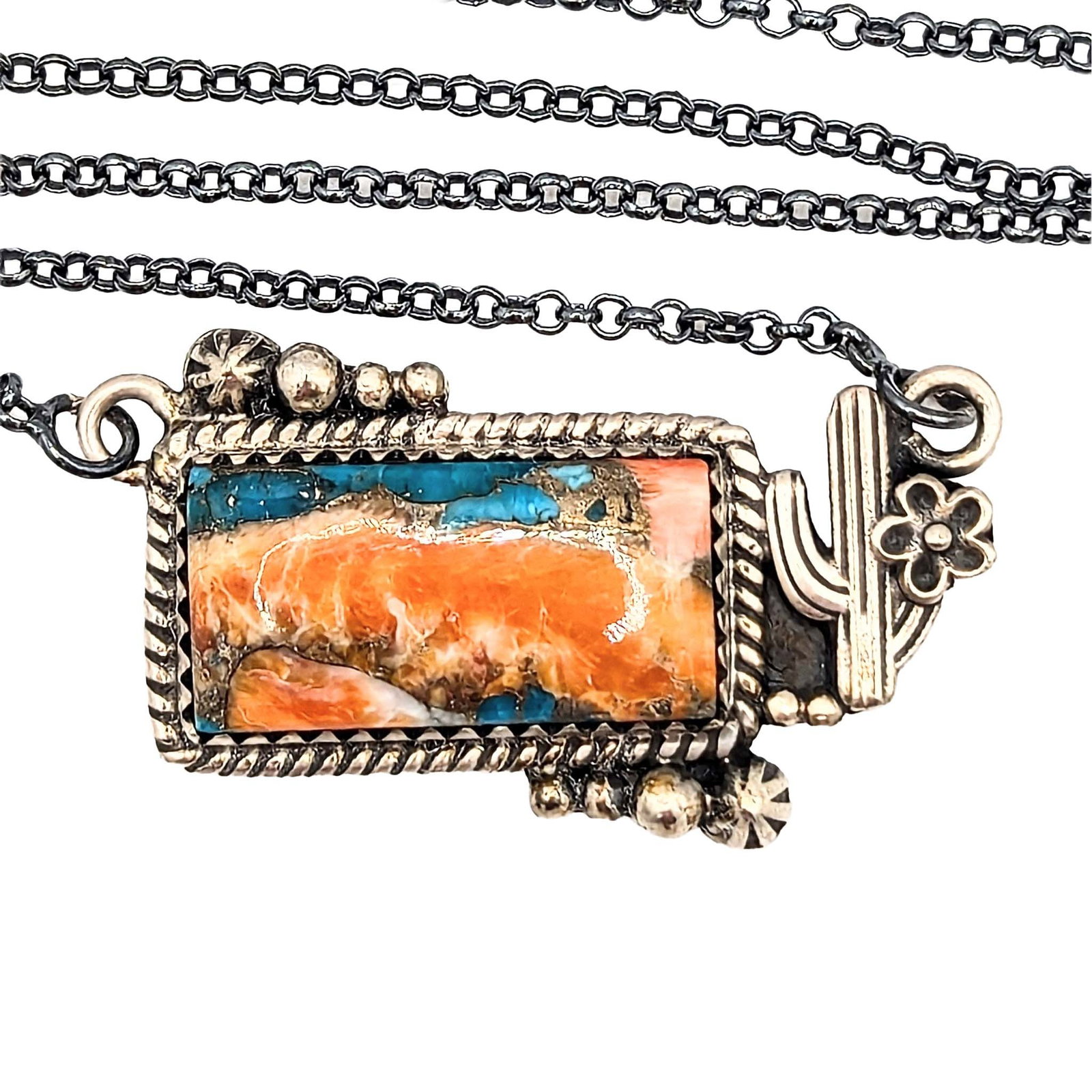 Southwest Sterling Silver Spiny Mojave Turquoise Cactus Flower Necklace: Southwest Sterling Silver Spiny Mojave Turquoise Cactus Flower Necklace Signed Hada Sterling 16-18in Length 10.6g