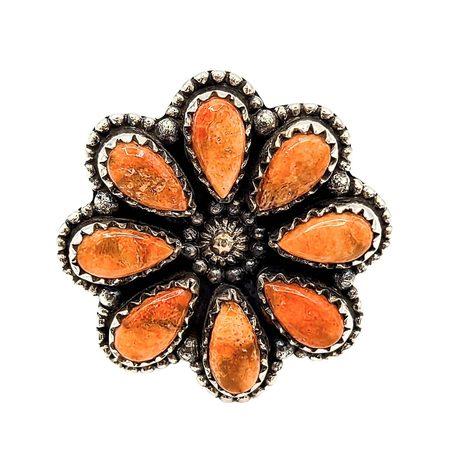 Southwest Sterling Silver Apple Coral Cluster Ring: Southwest Sterling Silver Apple Coral Cluster Ring Signed Hada Sterling Approx Size 7.5 Adjustable 13.3g