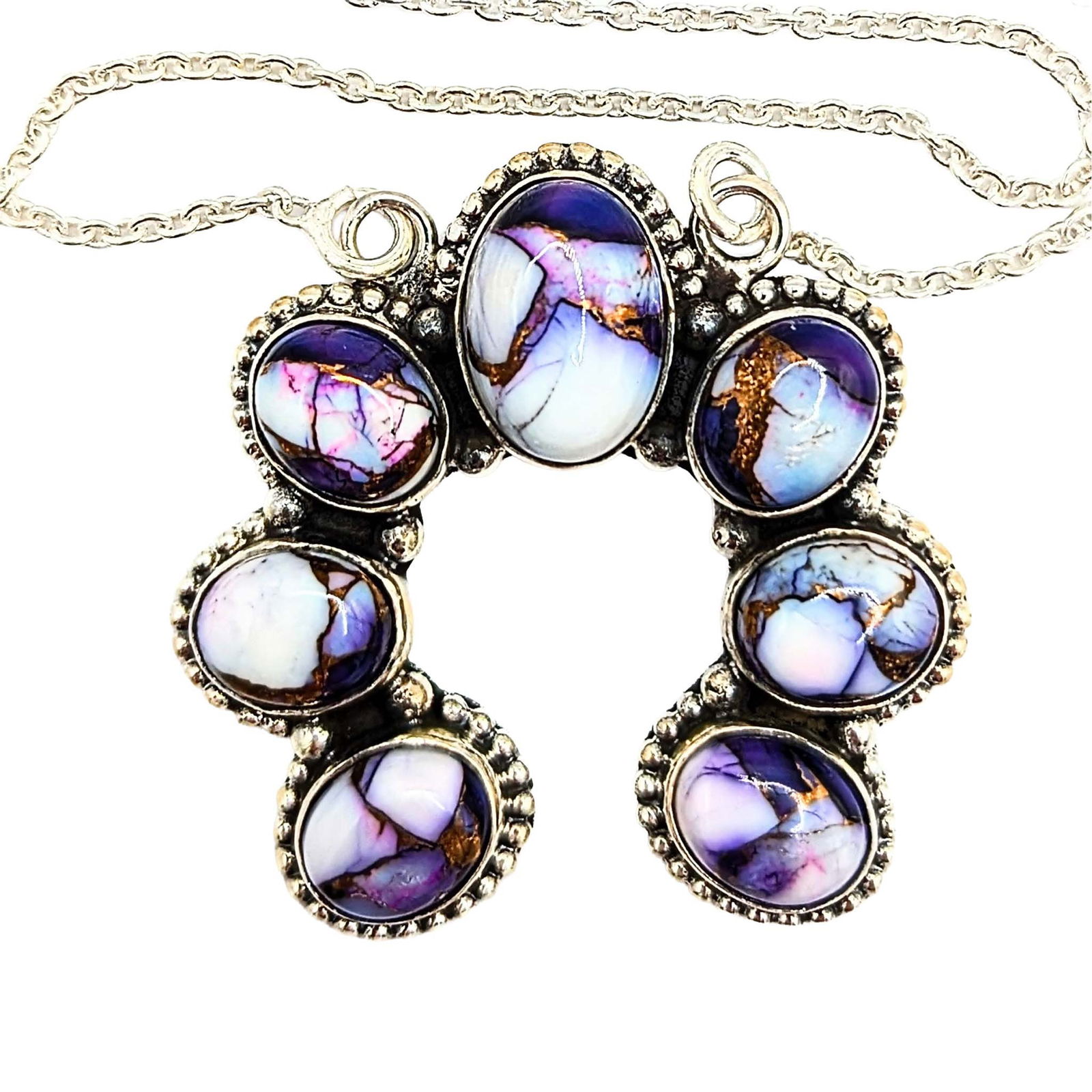 Southwest Sterling Silver Violet Rose Dhalia Turquoise Horseshoe Necklace: Southwest Sterling Silver Violet Rose Dhalia Turquoise Horseshoe Necklace Signed Hada Sterling 18-20in Length Adjustable 19.5g