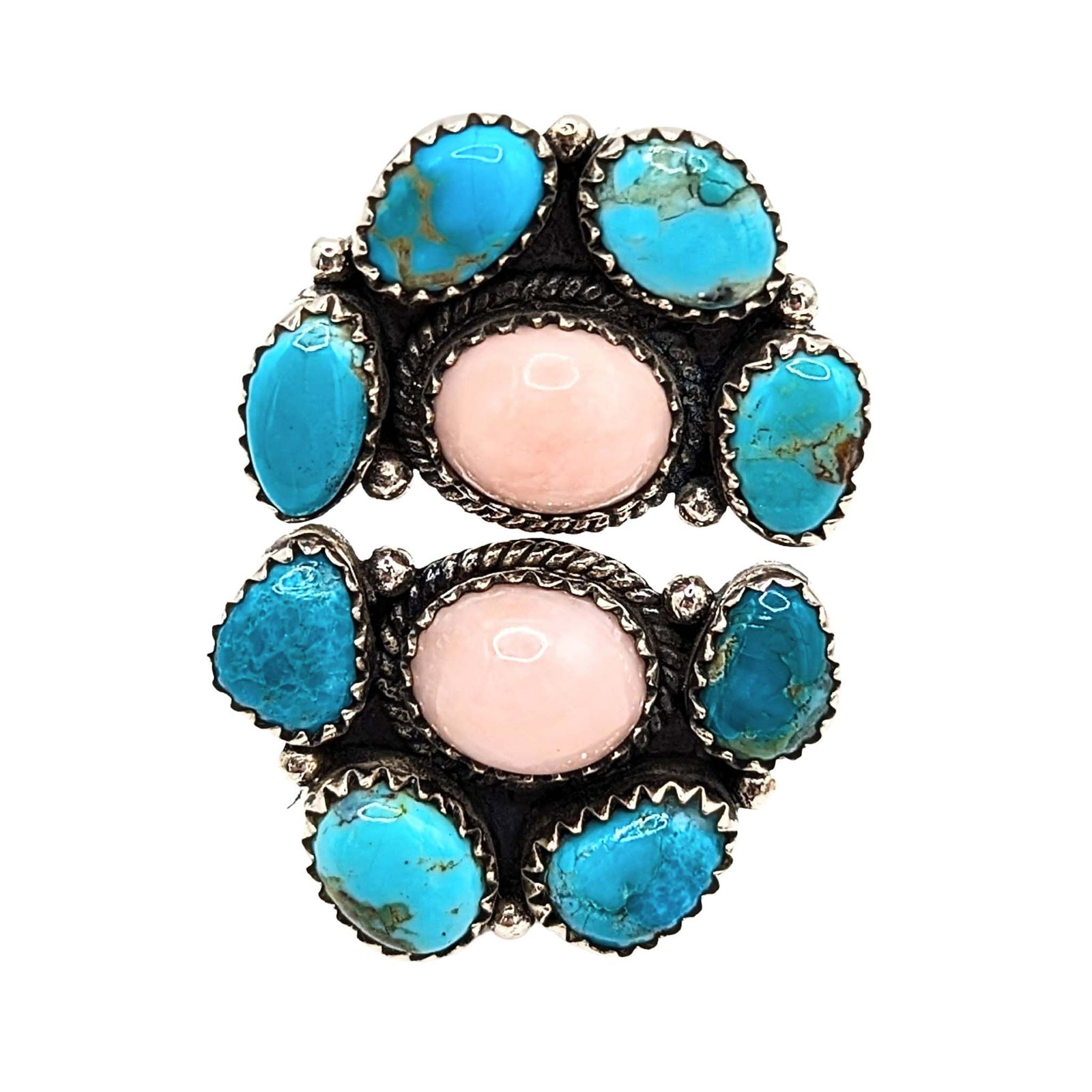 Southwest Sterling Silver Multi Gemstone Adjustable Double Cluster Ring: Southwest Sterling Silver Turquoise Pink Opal Double Cluster Ring Signed Hada Sterling Approx Size 6 Adjustable 16g