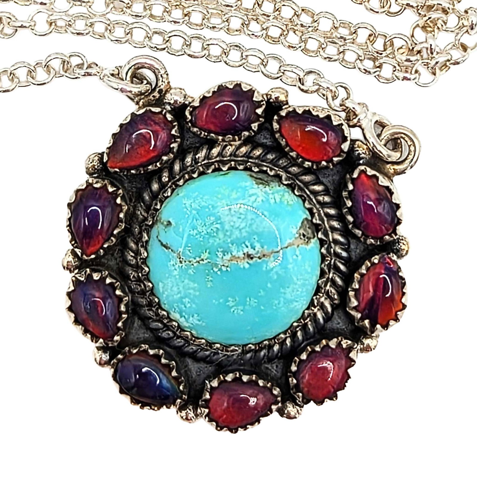 Southwest Sterling Silver Turquoise Opal Circle Necklace: Southwest Sterling Silver Turquoise Opal Circle Necklace Signed Hada Sterling 18-20in Length 18.3g