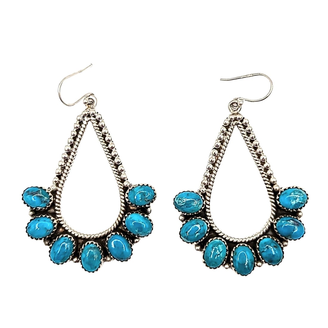 Southwest Sterling Silver Ice Blue Dhalia Turquoise Drop Hoop Dangle Earrings (1 of 6)