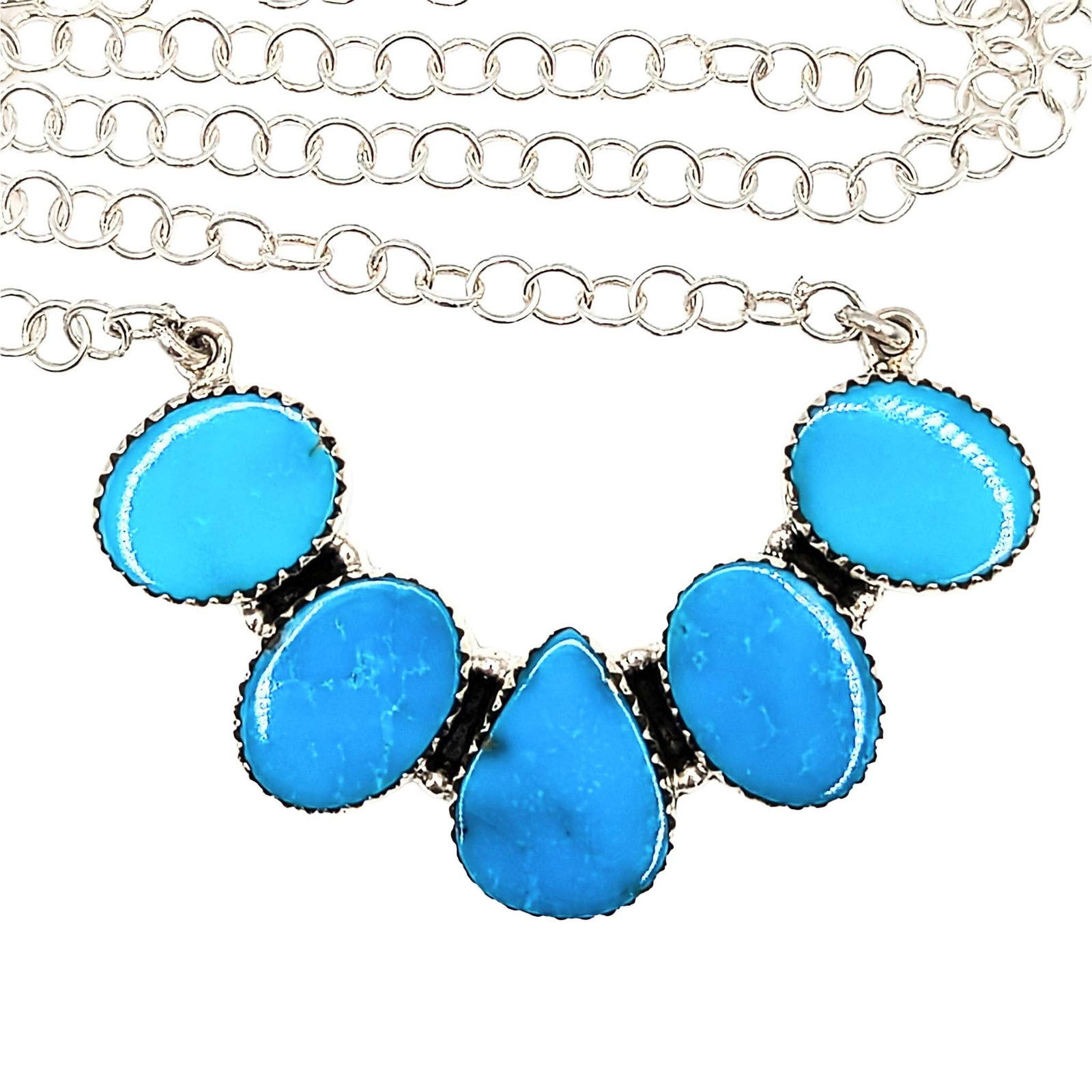 Southwest Sterling Silver Turquoise 5 Stone Bar Necklace: Southwest Sterling Silver Turquoise 5 Stone Bar Necklace Signed Hada Sterling 18-10in Length 16.3g