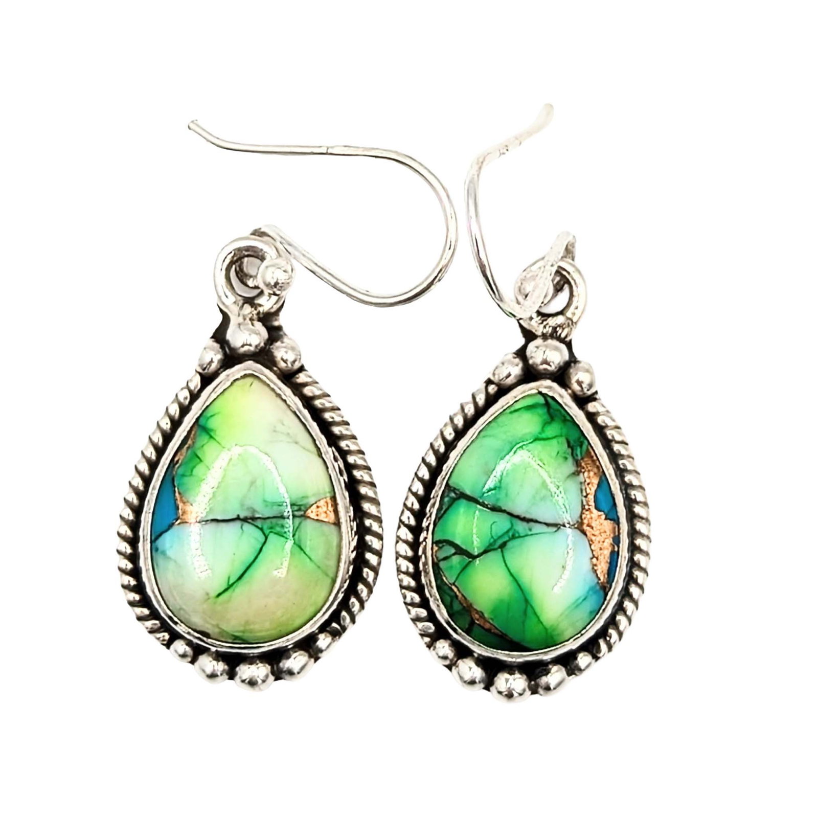 Southwest Sterling Silver Peacock Dhalia Turquoise Dangle Drop Earrings (1 of 4)