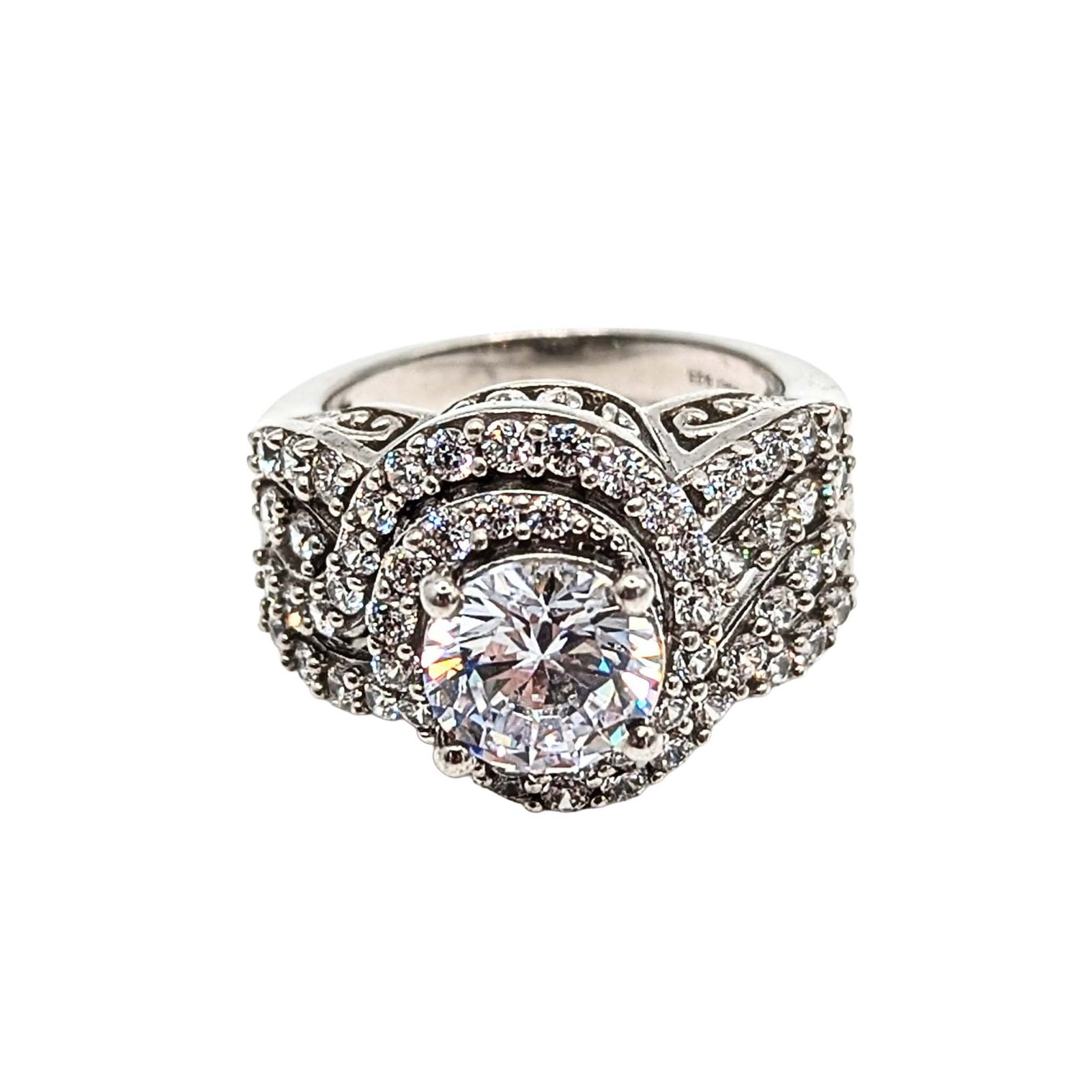 Sterling Silver CZ Scroll Ring: Sterling Silver CZ Scroll Ring Signed SJD .925 Size 6.5 8.3g