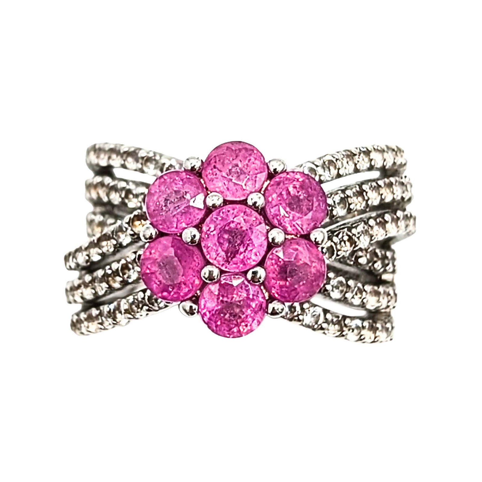 Sterling Silver Ruby White Topaz Cluster Ring: Sterling Silver Ruby White Topaz Cluster Ring Signed RSI .925 Size 7.5 11.2g