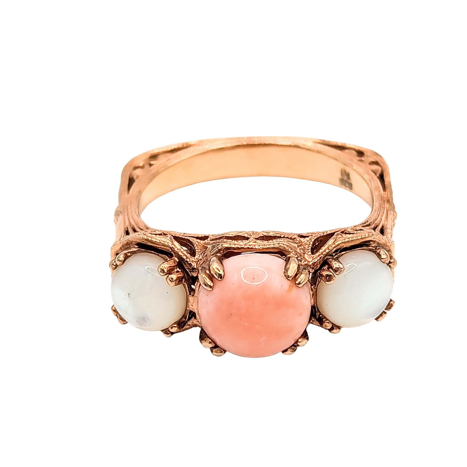 Sterling Silver Gold Over Angel Skin Coral Mother of Pearl Filigree Ring: Sterling Silver Gold Over Angel Skin Coral Mother of Pearl Filigree Ring Signed NH Size 9.5 6.3g