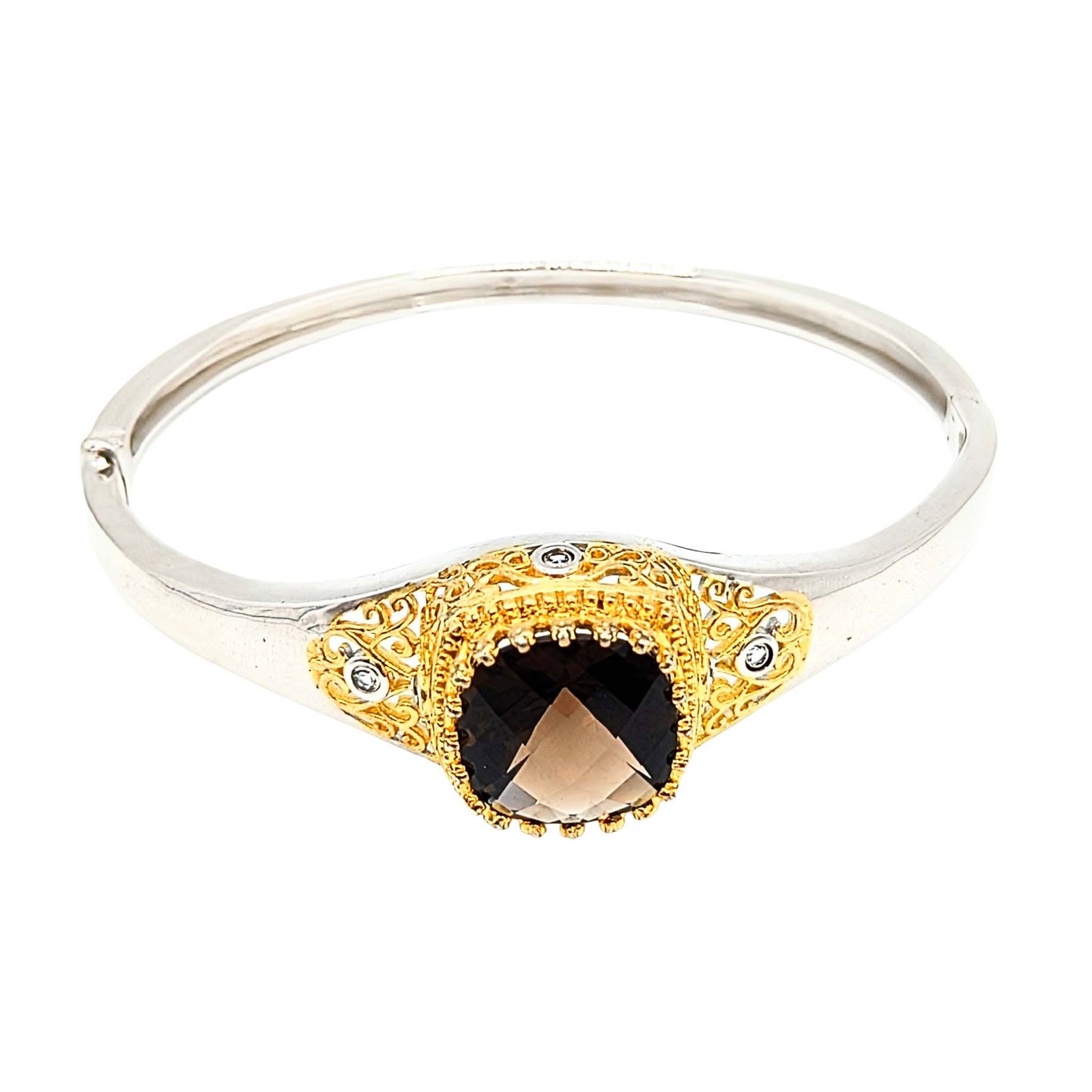 Sterling Silver Gold Over Smokey Quartz White Topaz Hinge Bangle Bracelet: Sterling Silver Gold Over Smokey Quartz White Topaz Hinge Bangle Bracelet Signed HT .925 24.9g