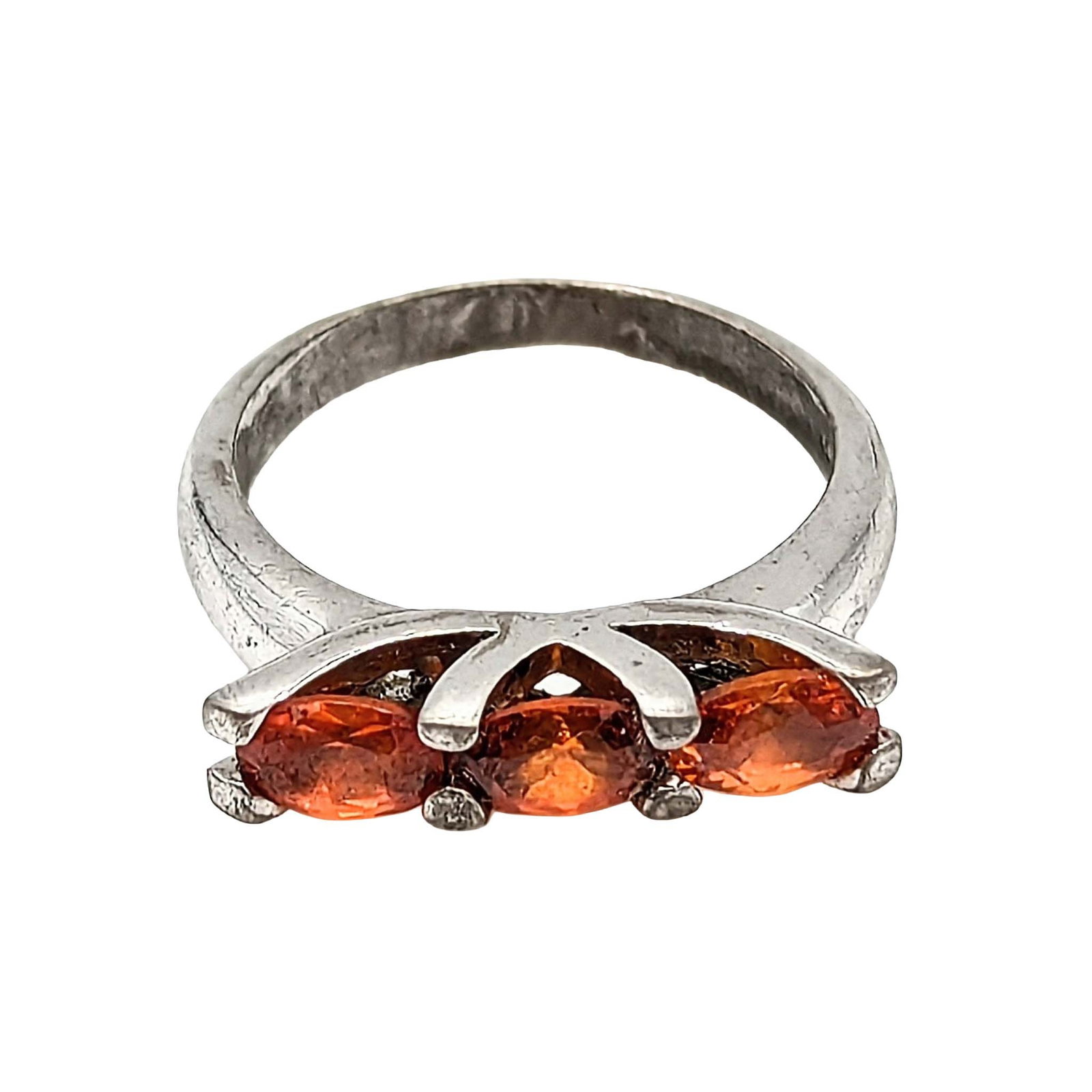 Sterling Silver Orange CZ 3 Stone Ring: Sterling Silver Orange CZ 3 Stone Ring Size 7 4.1g