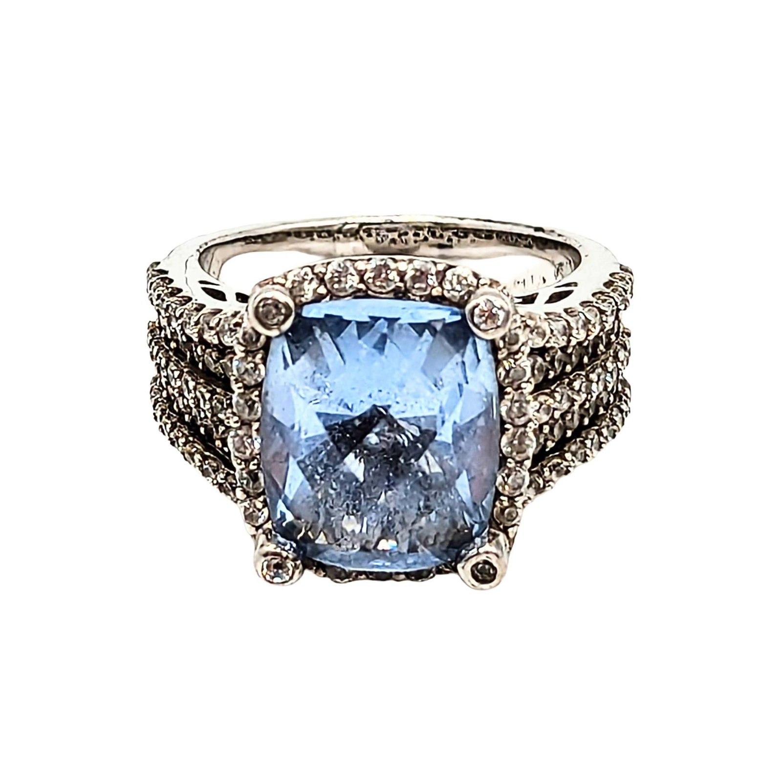 Sterling Silver Topaz CZ Cushion Cut Ring: Sterling Silver Topaz CZ Cushion Cut Ring Signed JSWJ .925 Size 5.75 7.9g