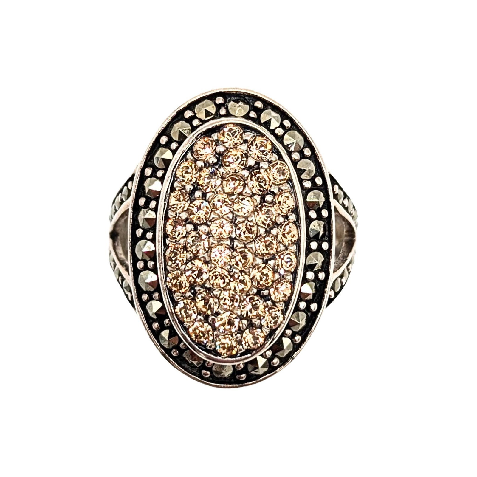 Sterling Silver Marcasite CZ Oval Ring: Sterling Silver Marcasite CZ Oval Ring Signed A .925 Size 6.75 7.8g