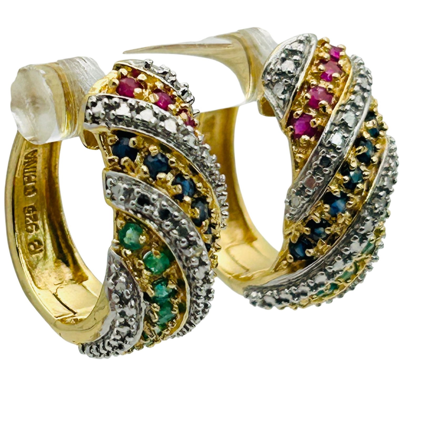 Ross Simons Sterling Multi-gem Hoop Earrings: Ross Simons Sterling ruby emerald sapphire hoop earrings. 6.30g