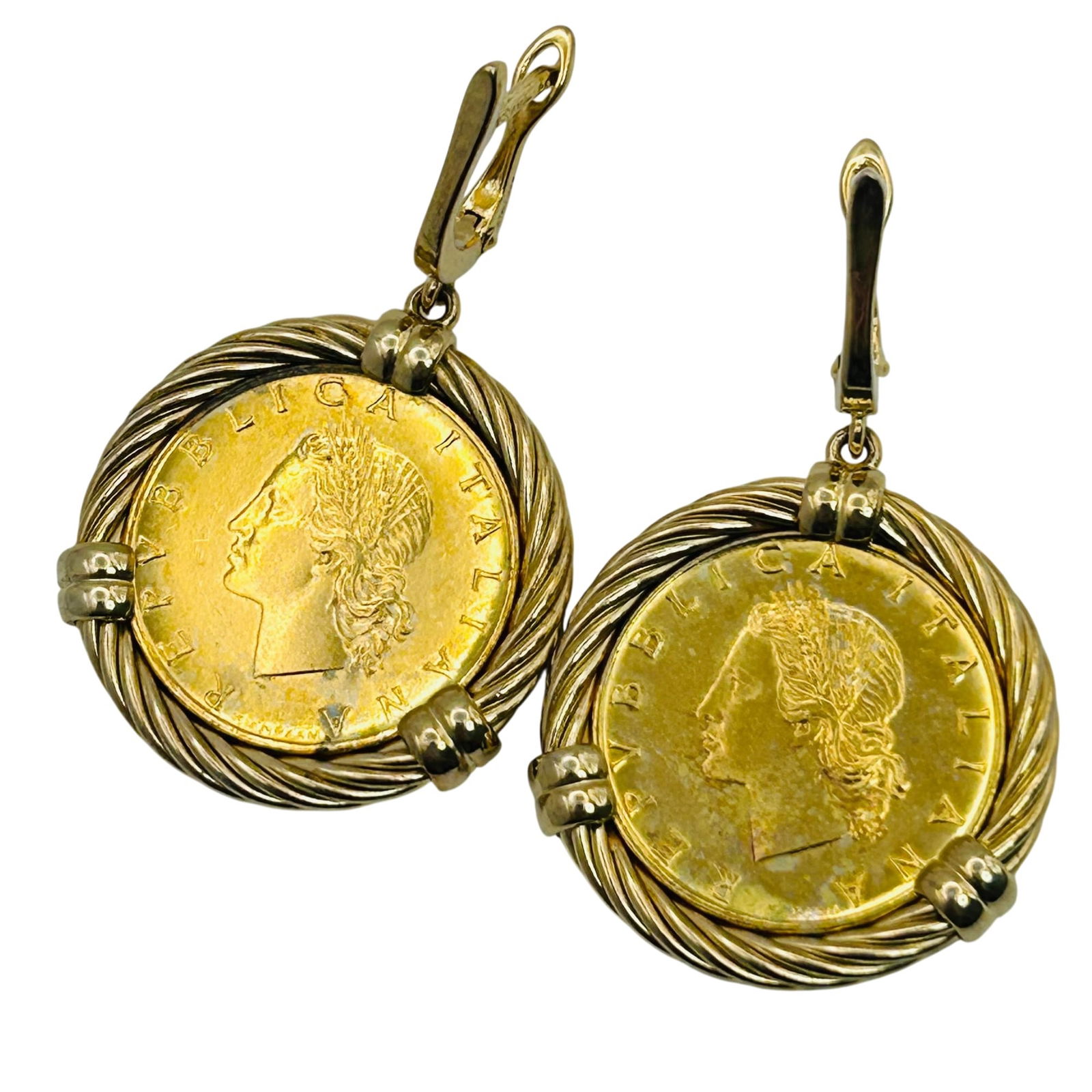 Giampoli Sterling Italian 20-lira Coin Earrings: Giampoli sterling Italian 20-lira coin earrings, with aluminum-bronze coins. 16.90g
