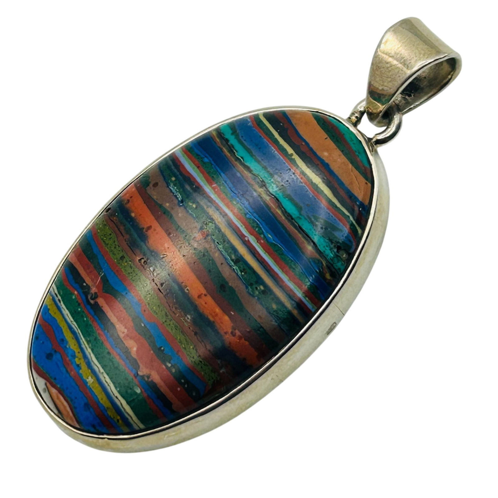 Sterling Oval Multi Color Inlay Gem Pendant: Sterling oval multi color inlay gem pendant. 12.80g
