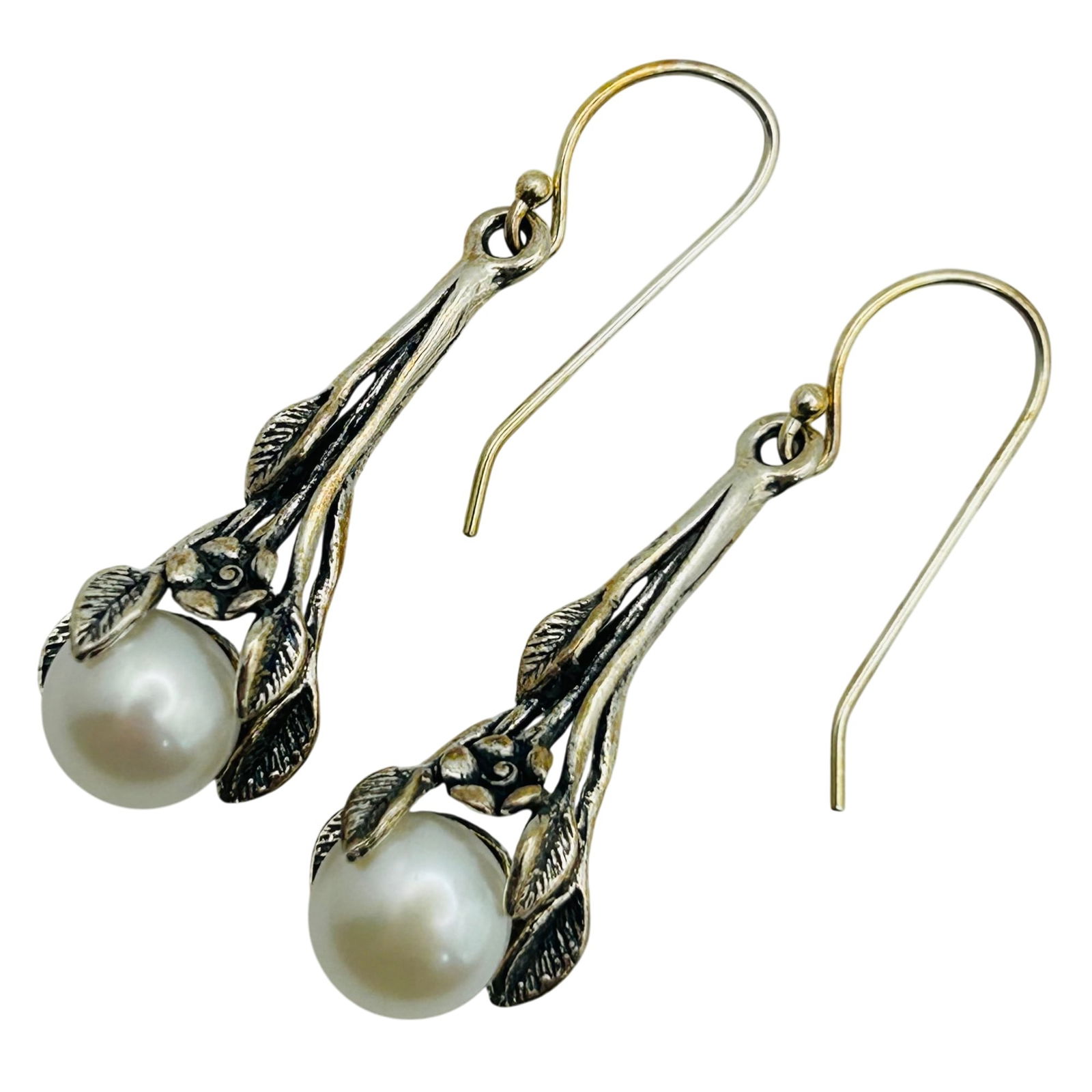 Israel Sterling Pearl Hook Back Earrings: Israel Sterling pearl hook back earrings. 6.06g