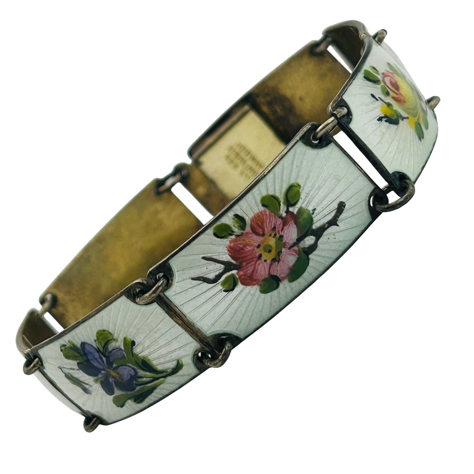 Finn Jensen Norway Sterling Enamel Floral Panel Bracelet: Finn Jensen Norway Sterling enamel floral panel bracelet. 26.40g