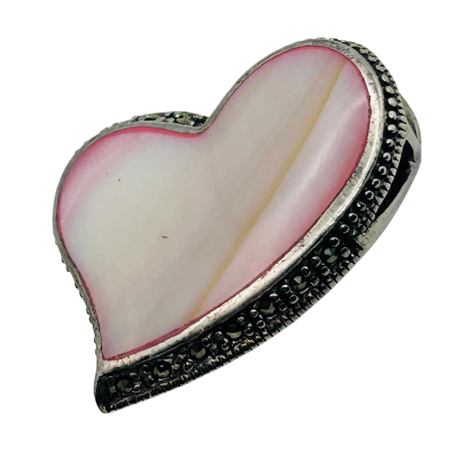 Sterling Mother Of Pearl And Marcasite Heart Pendant.: Sterling mother of pearl and marcasite heart pendant. 8.30g